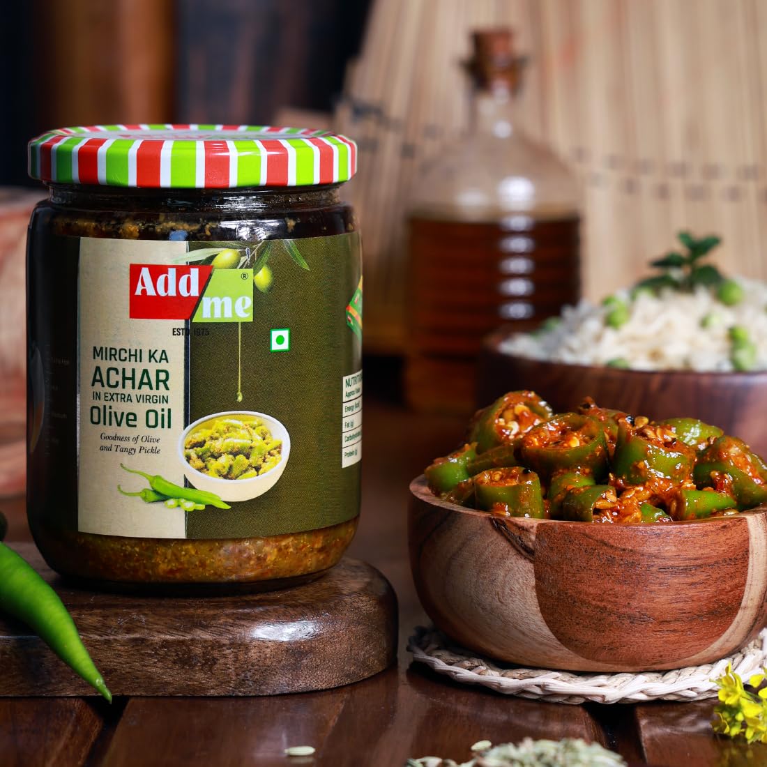 Add me Chilli Pickle in Olive Oil 500gm, Hari mirch ka Achar in Olive Oil 500 gm Glass jar Grocery | Spicy Green Chilli Pickle in Glass Bottle Pack of 1