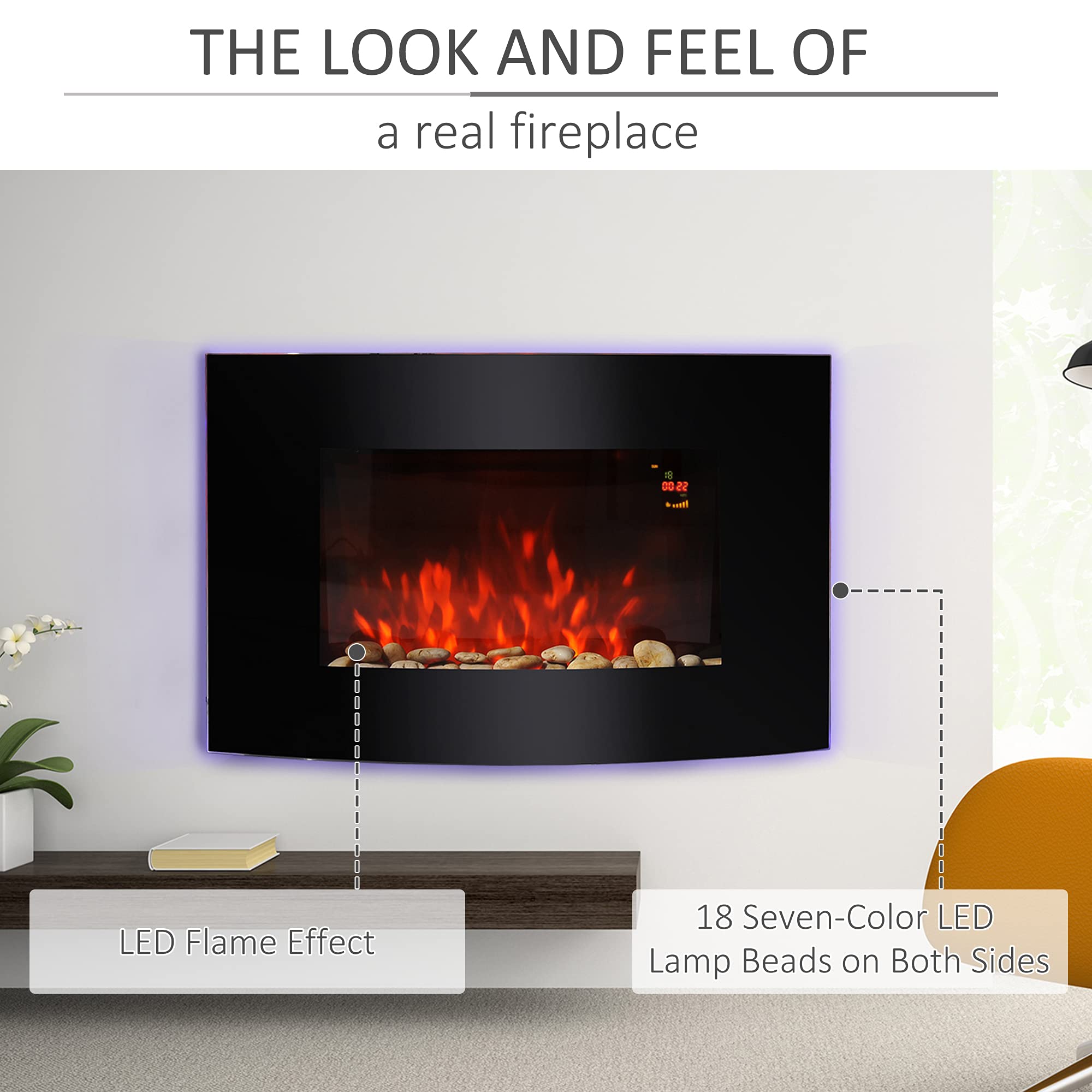 Led Wall Mounted Fireplace Curved Glass Electric Fire Place Fire