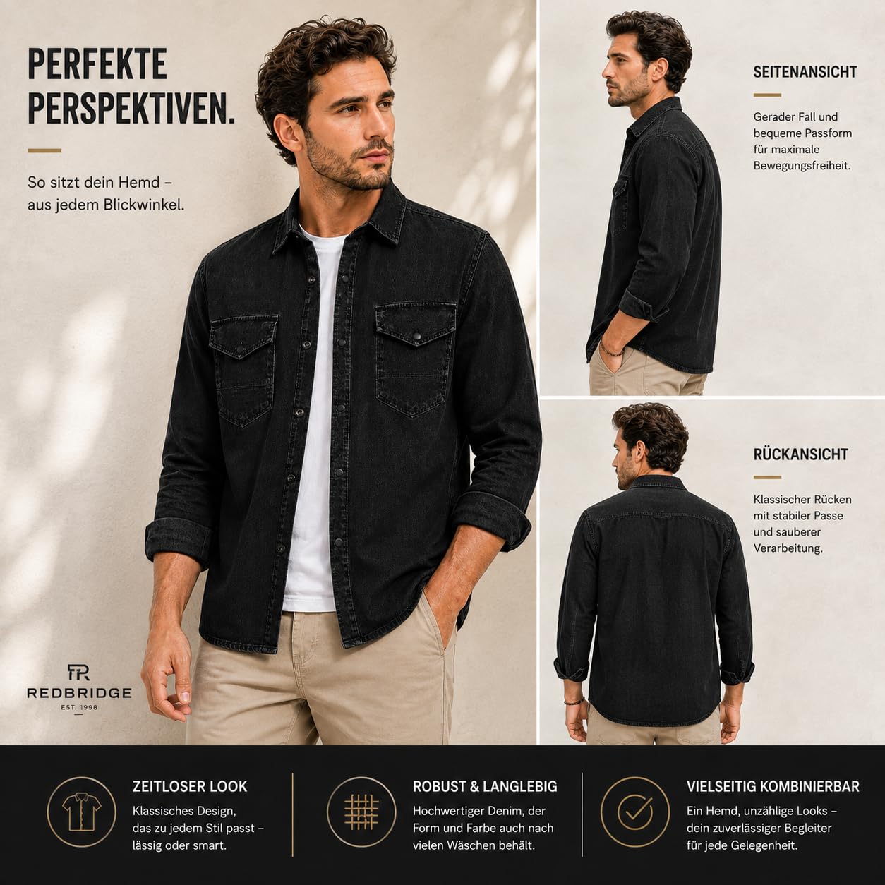 Redbridge - Camicia in denim di alta qualità, in cotone, casual