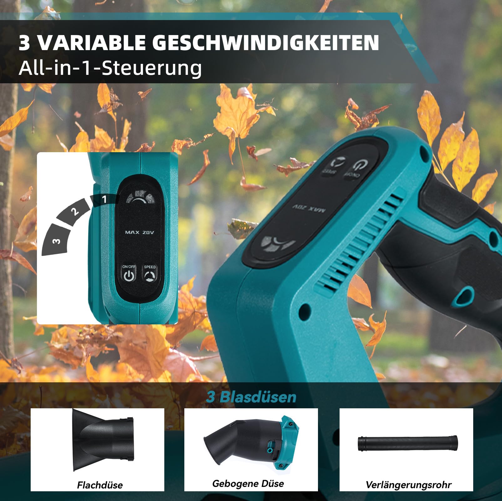 YOFIDRA Laubbläser Akku 280 km/h, Elektrische Luftgebläse mit 2×3.0Ah Akku und Ladegerät, 3-Gang, 270° Verstellbarem Griff, Doppel-Lufteinlass,13000RPM Laubbläser für Terrassen Rasenpflege Laubblasen