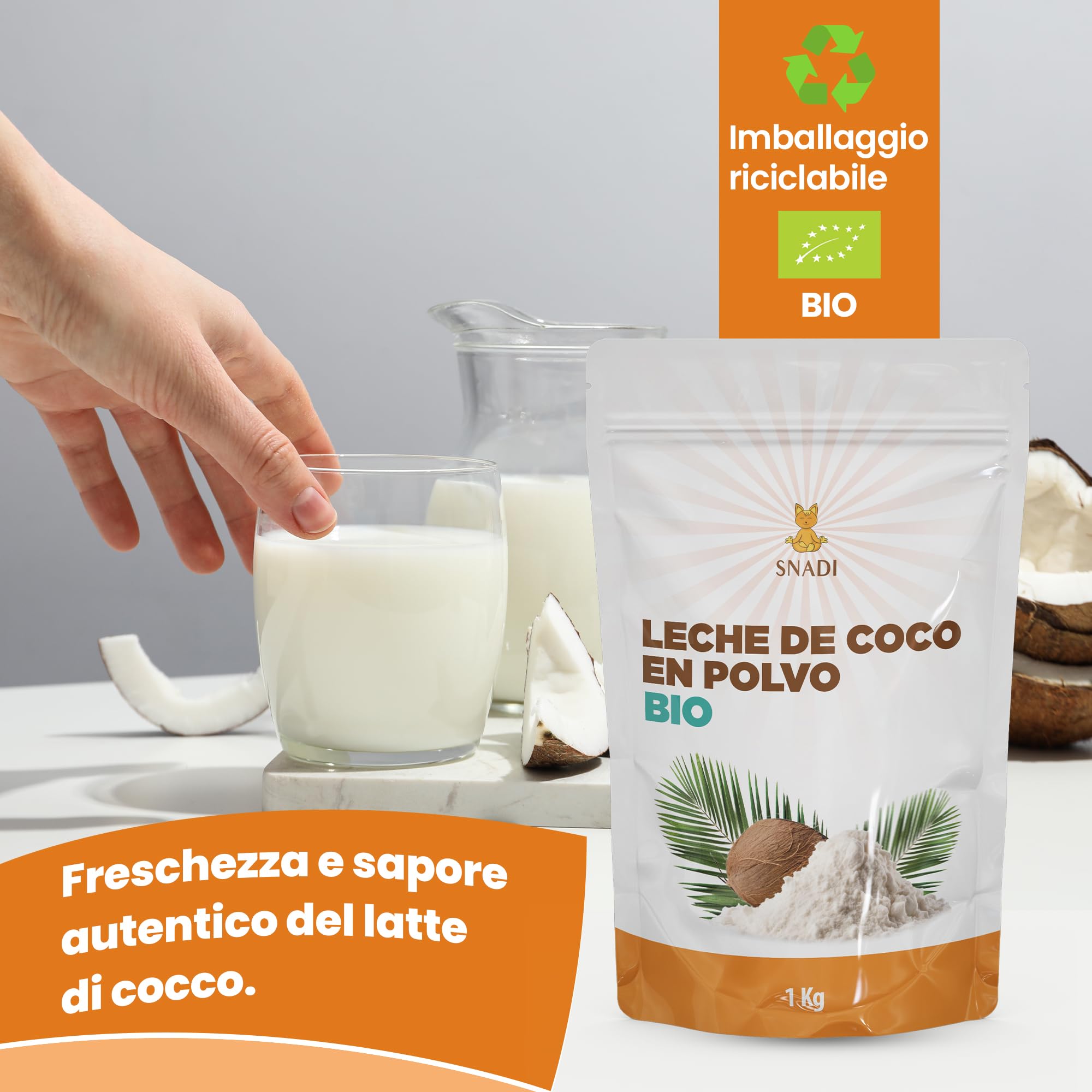 Snadi - Latte di Cocco in Polvere BIO dallo Sri Lanka - 1KG - 100% Naturale e Biologico - Confezionato in Sacchetto di Plastica Riciclabile - Senza Additivi né Conservanti - Ideale per Frullati