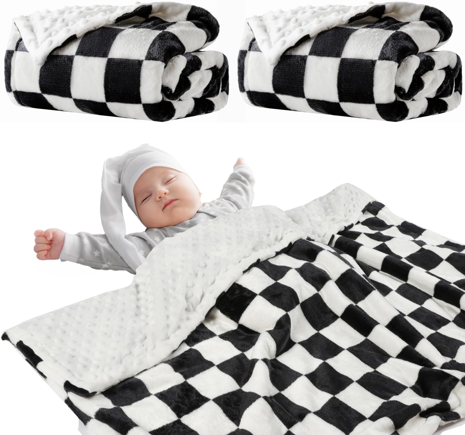 2 Pack Soft Black and White Checkered Baby Blankets for