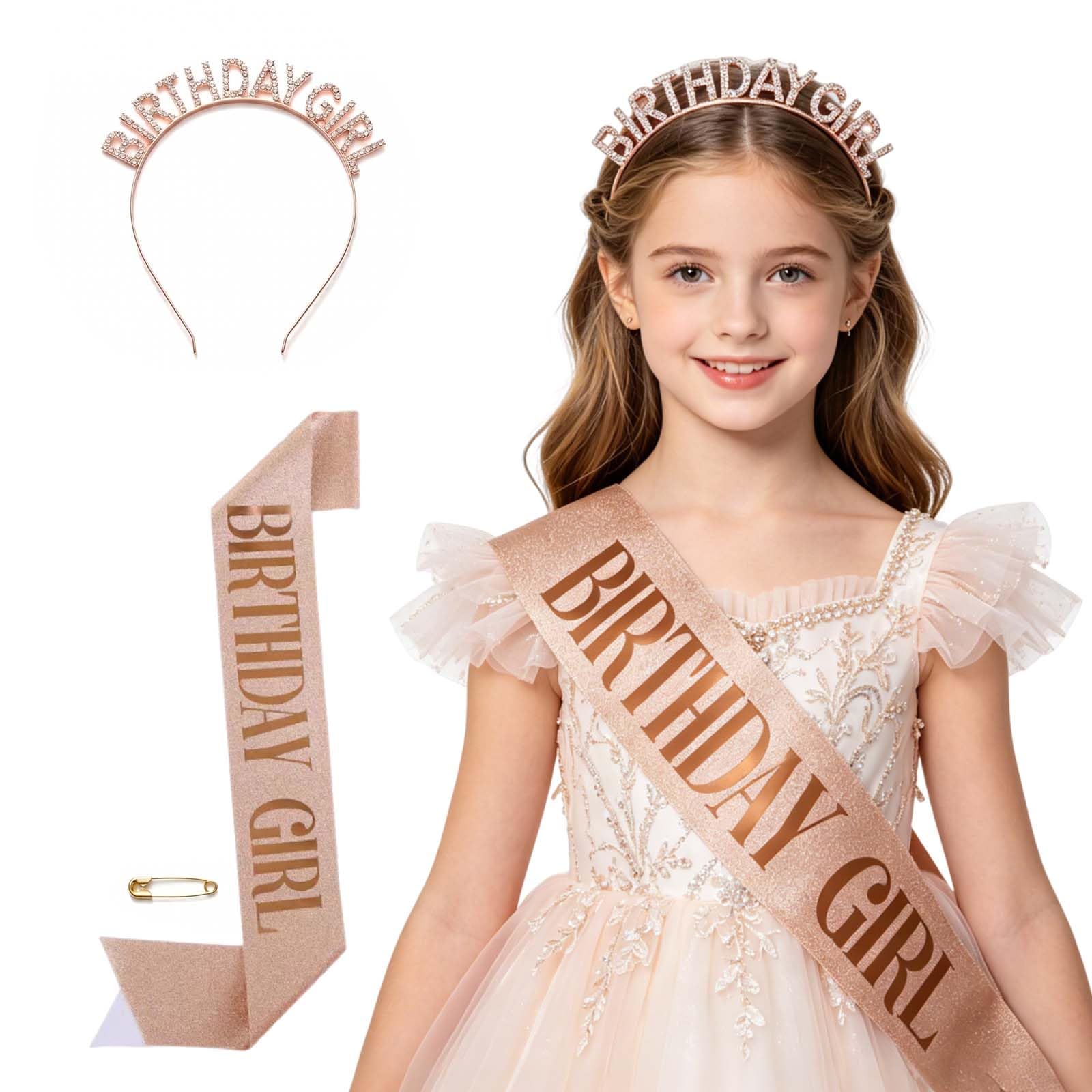 Muiltvoe Birthday Crown and Sash for Women, Rose Gold Birthday Girl Sash and Tiara Set, Glitter Birthday Queen Crown Rhinestone Headband, Birthday Gifts for Women Decorations Party Accessories