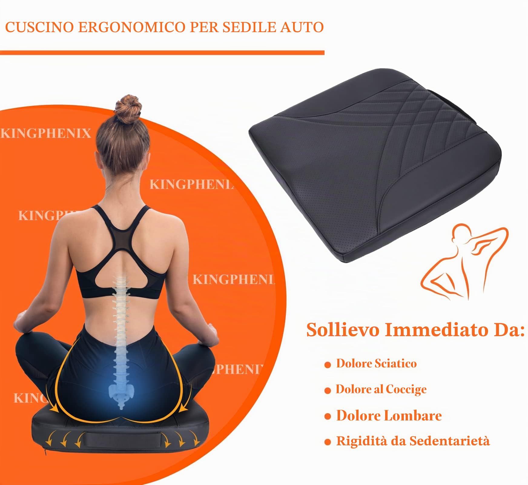 Kingphenix - Cuscino per sedile auto premium, cuscino per sedile del conducente in memory foam per migliorare la visuale di guida - Sollievo dal dolore al coccige e alla parte bassa della schiena