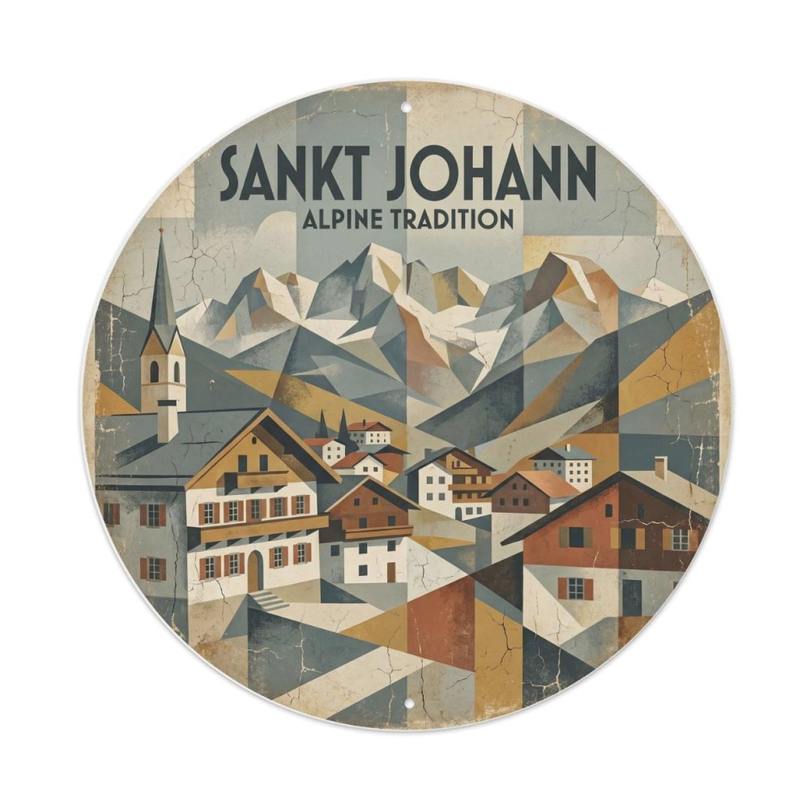 Sankt Johann Austria Tyrolean Village Vintage Alpine Travel Metal Tin Sign Plaque Wall Decor for Cafe, Man Cave, Club Bar, Office, Home Garden Round Metal Poster 8x8Inch