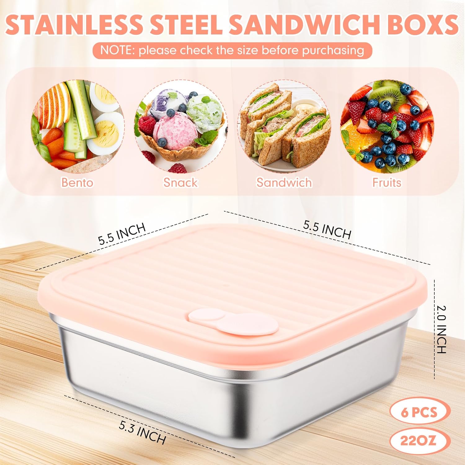 Honeydak 6 Pcs Stainless Steel Sandwich Containers Bulk Reusable Lunch Bento Box Food Storage with Leak Proof Lid for Fruit Salad Snacks, Office Workers Travel Picnic Party - Image 2
