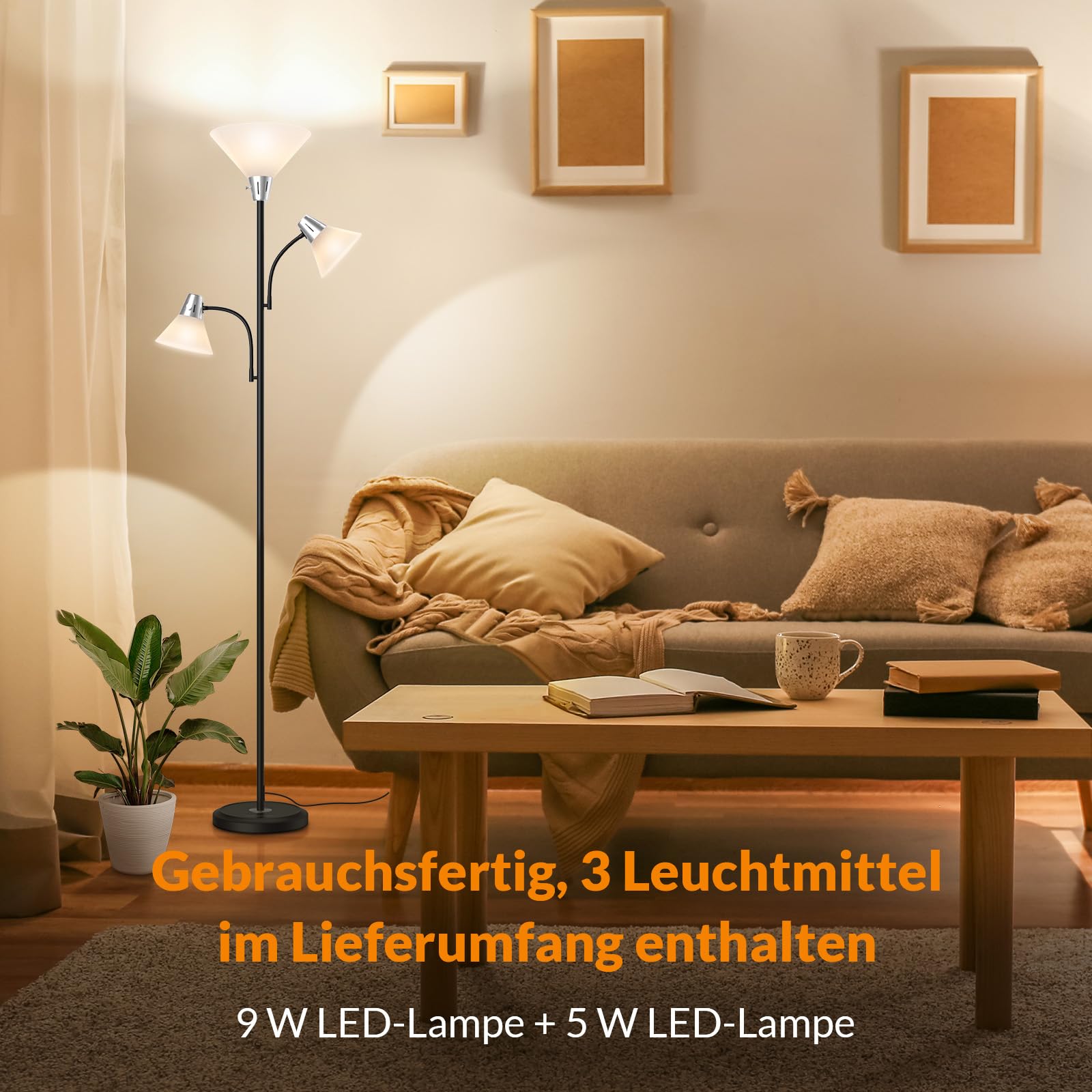 LEPOWER Stehlampe Dimmbar, 9W LED Stehlampe mit 5W Leseleuchte Einstellbar | Moderne, Helle Stehlampe mit Austauschbaren 3000K Energiespar LED, Stehlampe für Wohnzimmer, Schlafzimmer, Büro, Schwarz