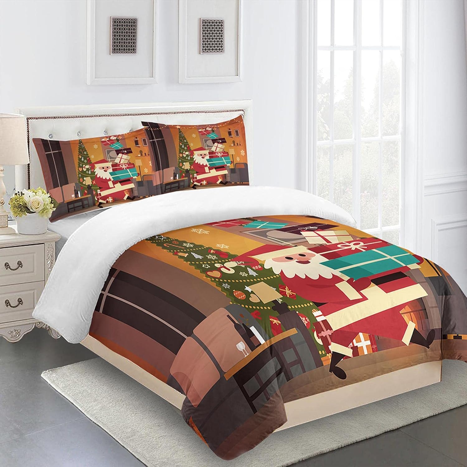REKKNA Funda De Edredón Infantil Navidad Casas Papa Noel Regalos 260X240Cm Juego De 3 Piezas 100% Microfibra Suave Y Cómoda, Funda Nórdica, 1 Funda Nórdica + 2 Fundas De Almohada Aptas para Habitaci