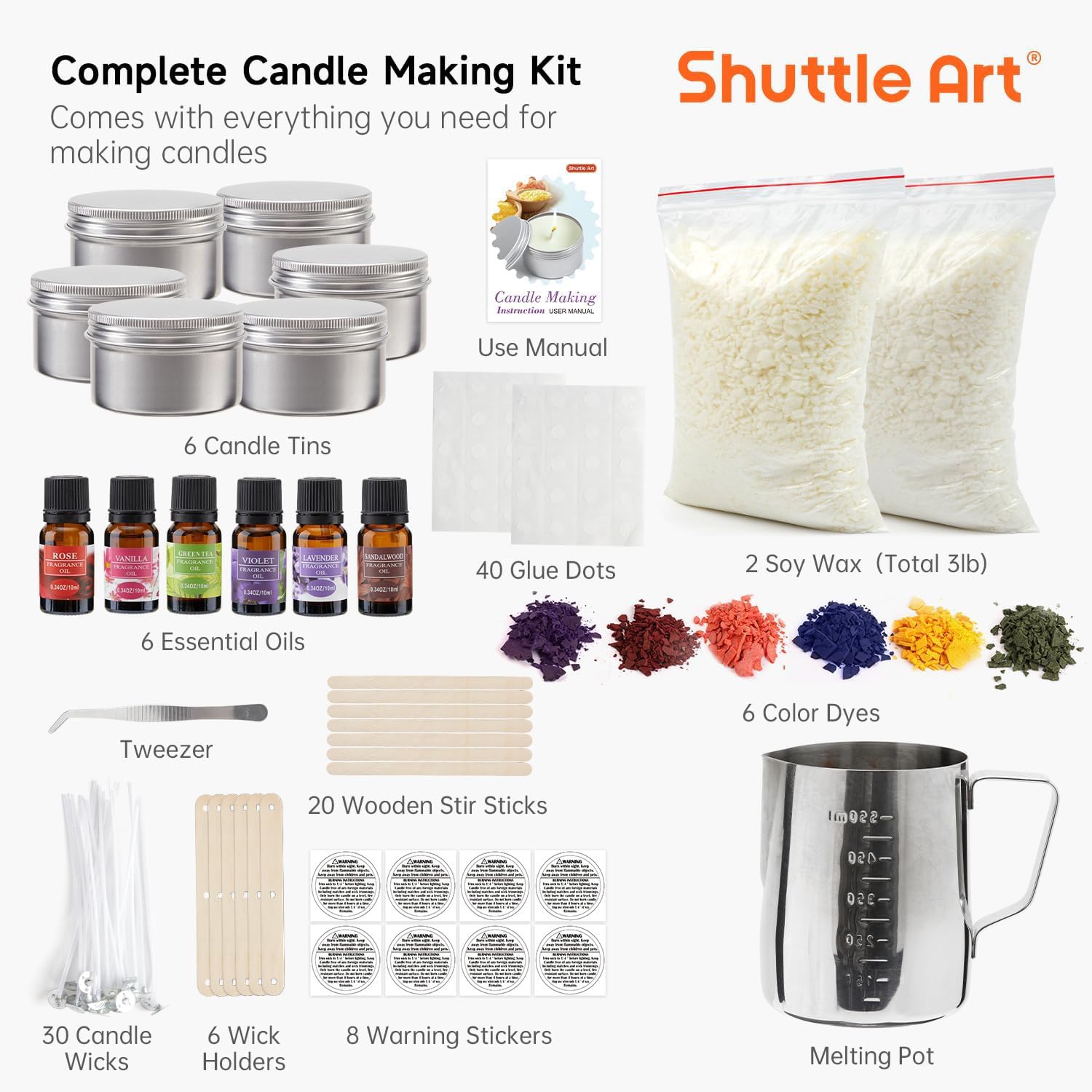 Shuttle Art Kerzen Selber Machen Set, DIY Kerzenherstellung Set mit 1,36kg Sojawachs, Schmelztopf, Duftöl, Dochten, Kerzendosen, Farbstoffen, Kerzen ziehen, Candle Making Kit, Duftkerzen Selber Machen