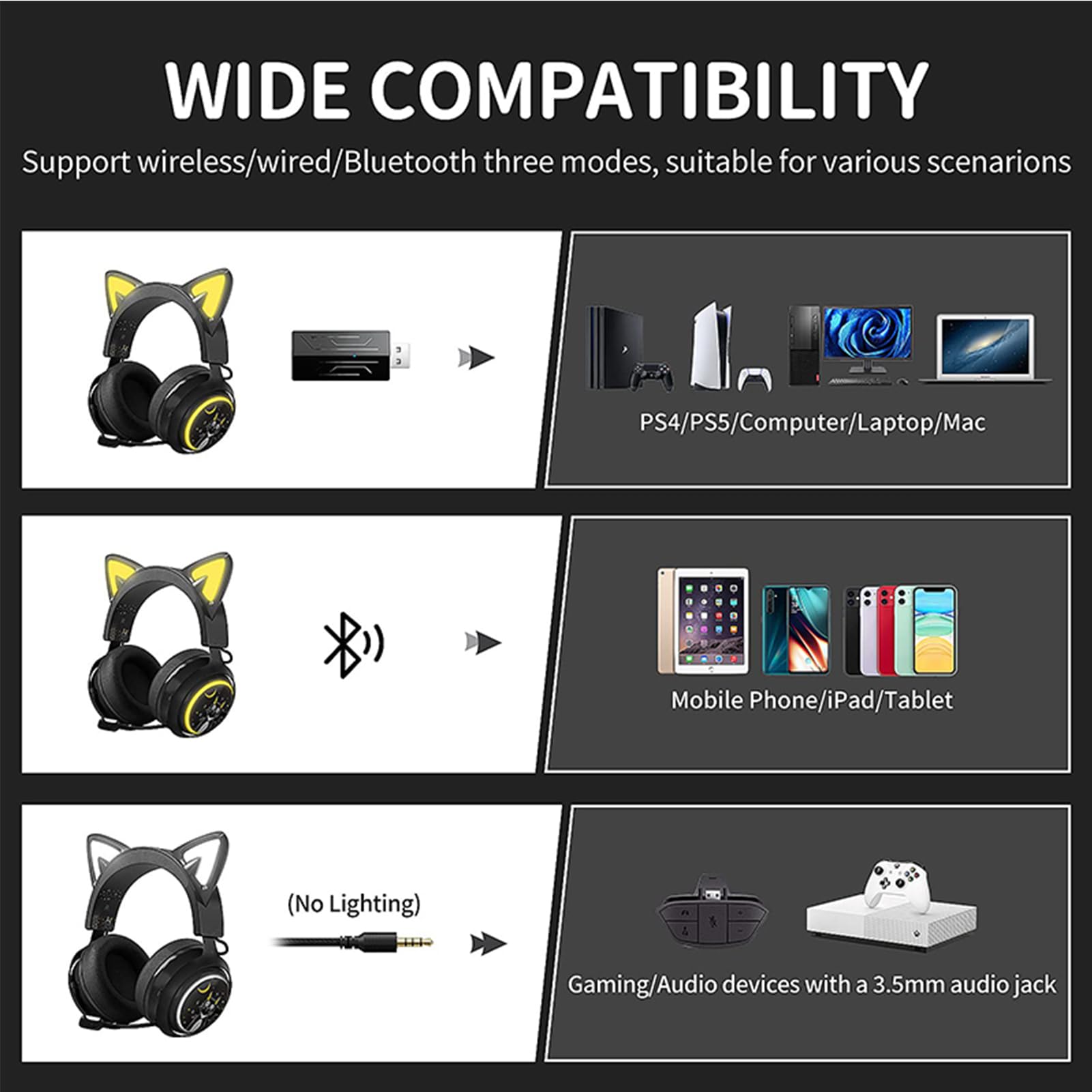 Yunseity Drahtlose -Kopfhörer, 3,5 Mm Abnehmbares Kabel, Kabellose Kopfhörer mit 3D-Surround-Sound, 1500 MAh, Einziehbares Mikrofon für PC-Musik (#1)