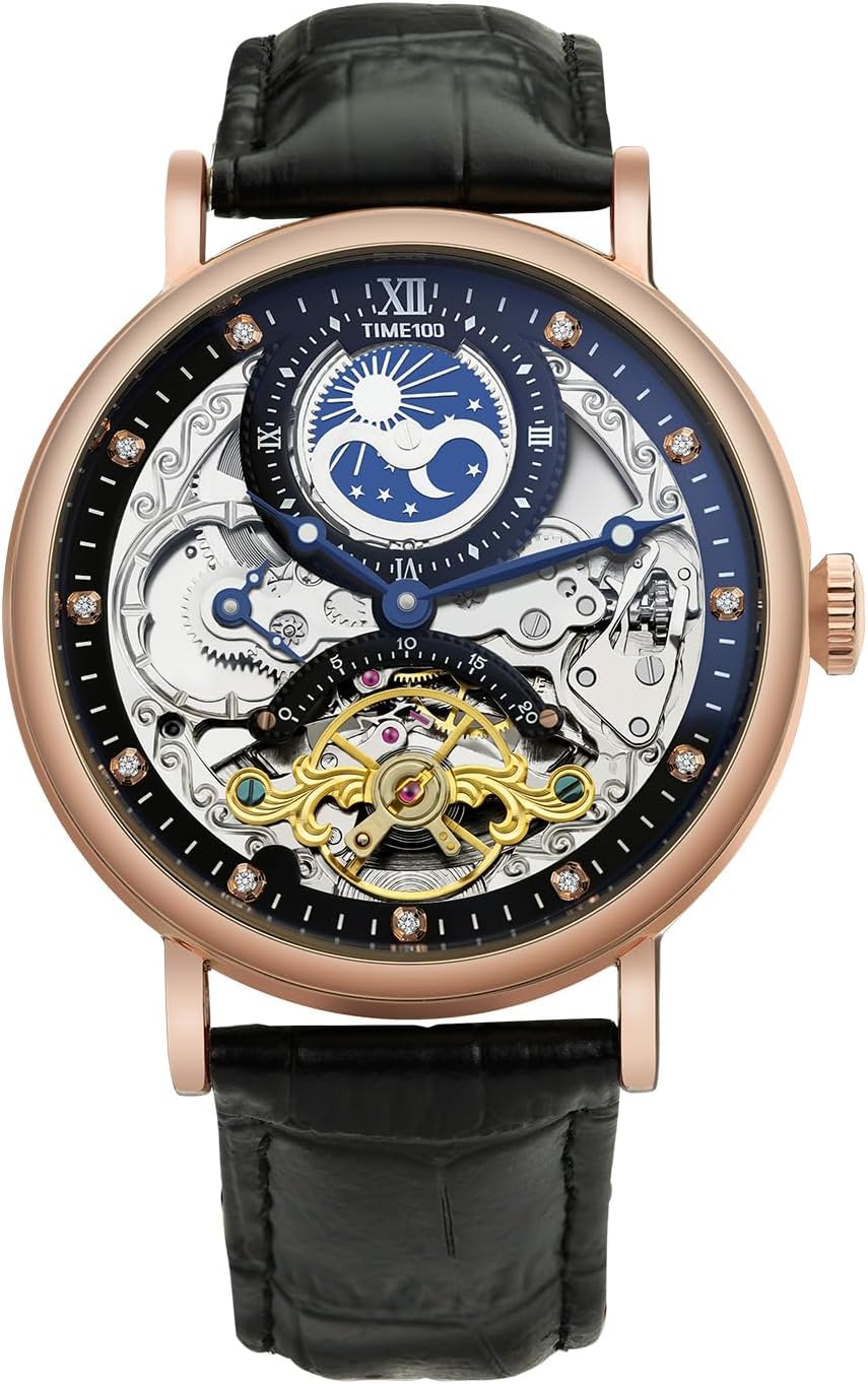 TIME100 Men's Automatic Watch Self Winding Mechanical Watch Genuine Leather Strap Skeleton Watches for Men - Image 8