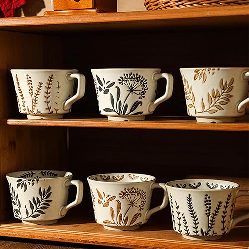 Miniatura 7 de Juego de 4 Tazas de Café de Cerámica Vintage de 12 oz - Cerámica de Gres Hecha a Mano Estilo Campo Granja Otoño Tazas de Té con Asa Grande para Café