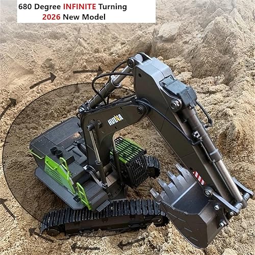 Miniatura 4 de Excavadora RC para adultos Huina 1593 Totalmente funcional Juguete 1:14 28 canales Control remoto Camión Construcción Vehículo Cubo Metal Luces LED