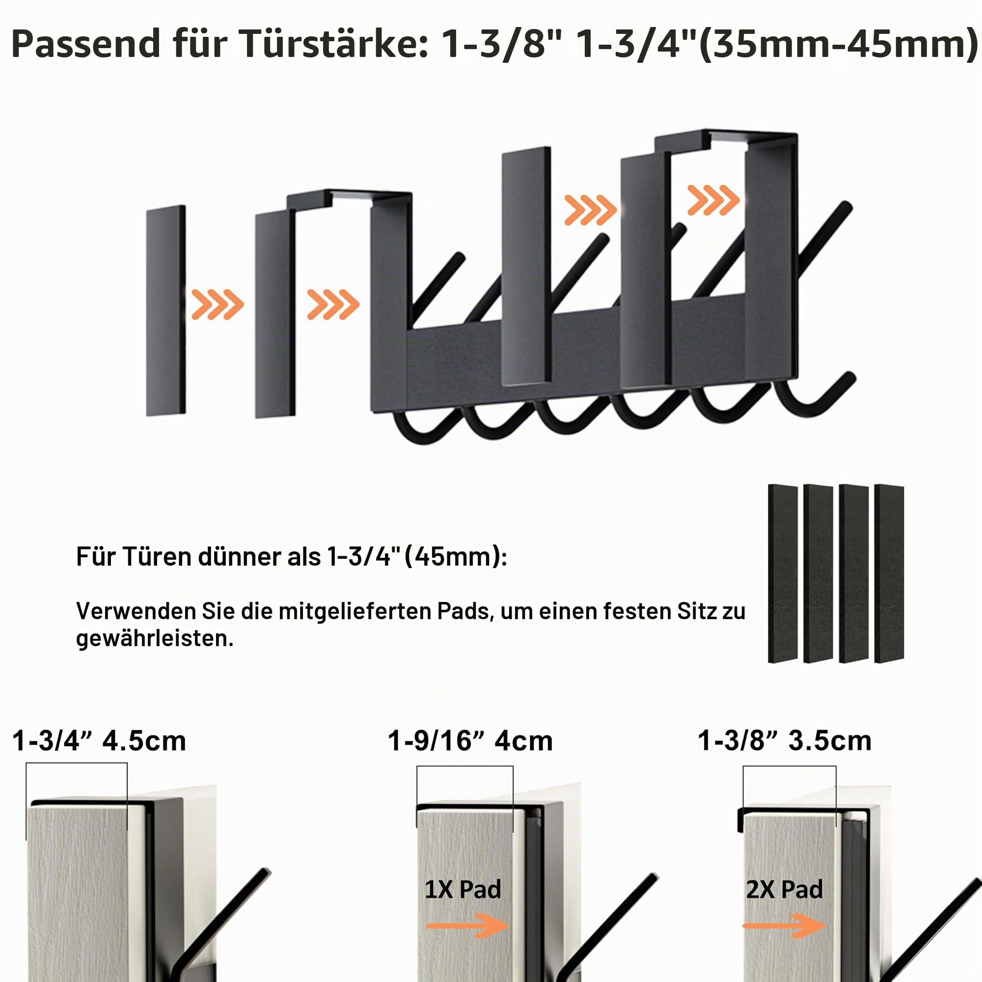 Dseap Türhaken – für Tür bis 4,5cm Dicke, Edelstahl Türgarderobe Türhakenleiste Türaufhänger Kleiderhaken Tür Zum Einhängen Kleidung Hut Handtuch Mantel, Mit 6 Flachen Haken, Schwarz