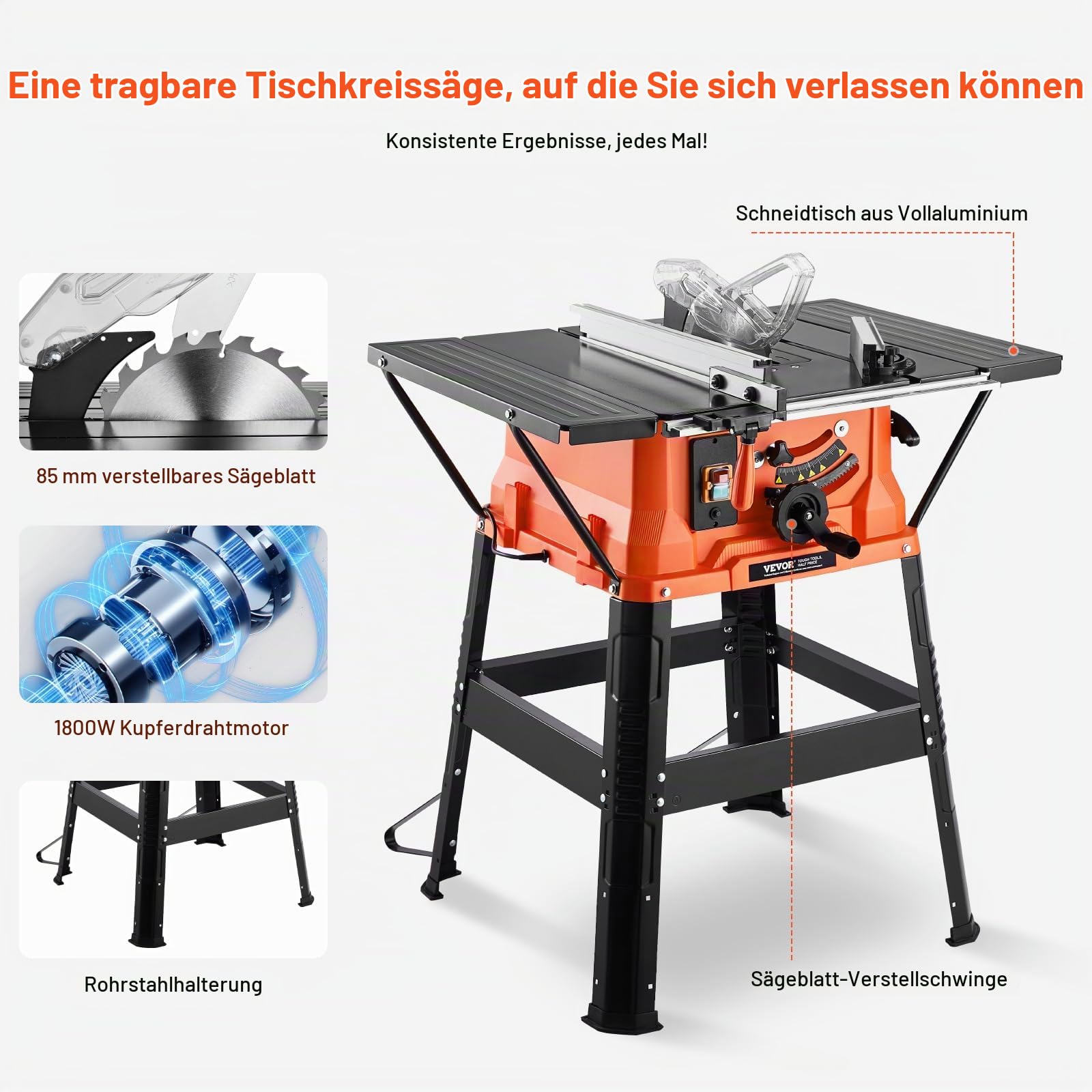 VEVOR Tischkreissäge mit Ständer, 254 mm, 1800 W Baukreissäge, 200 mm max. Schnittkapazität, 4800 U/min Schnittgeschwindigkeit, mit 24-Zahn-Sägeblatt, Gehrungssäge für Holzbearbeitung und Möbelbau
