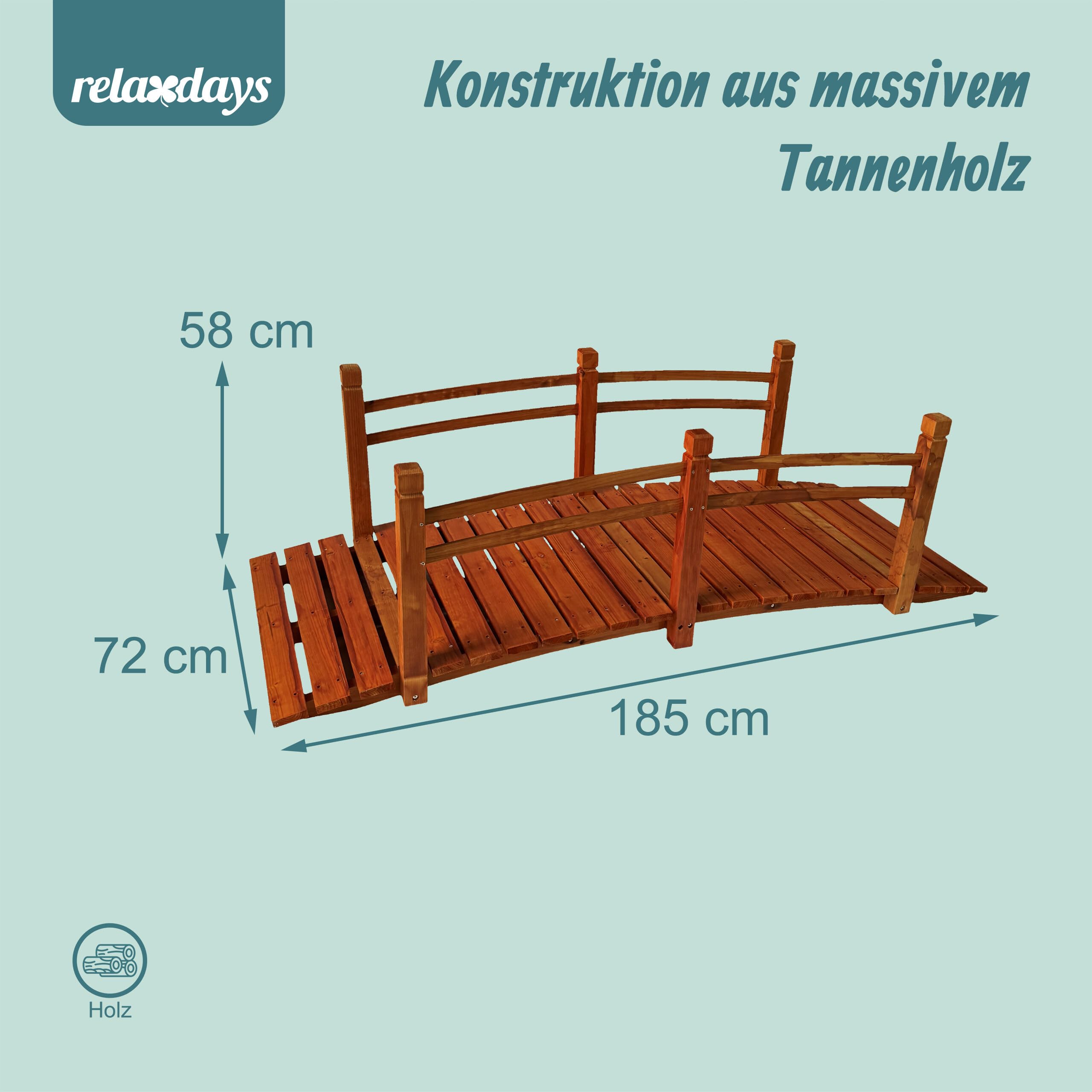 Relaxdays Garten Brücke, mit Geländer, Tannenholz, Gartenteich, HxBxT: 58 x 185 x 72 cm, 200 kg, Holzbrücke, orange