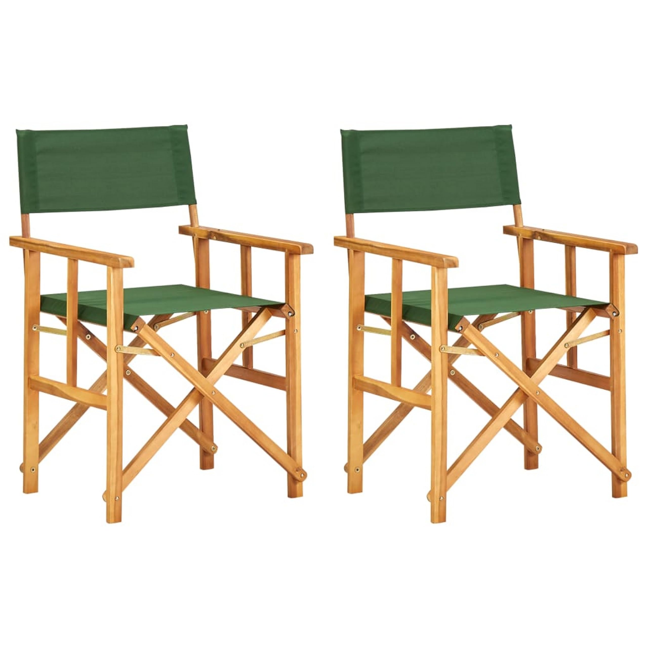 Benjara Folding Director's Chairs Set of 2, X Shape Base, Acacia Wood, Natural Brown and Green