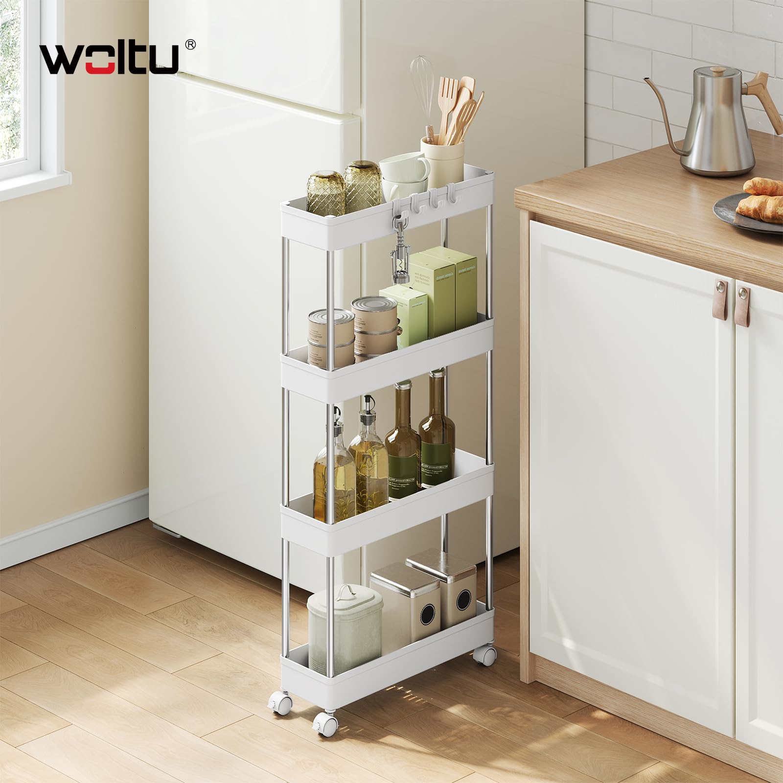 WOLTU Carrello da Cucina a 4 Ripiani, Carrello Portaoggetti con Ruote e 4 Ganci, Carrellino Salvaspazio per Cucina, Bagno e Lavanderia, in Plastica e Metallo, 41,5 x 86 x 13,5 cm, Bianco