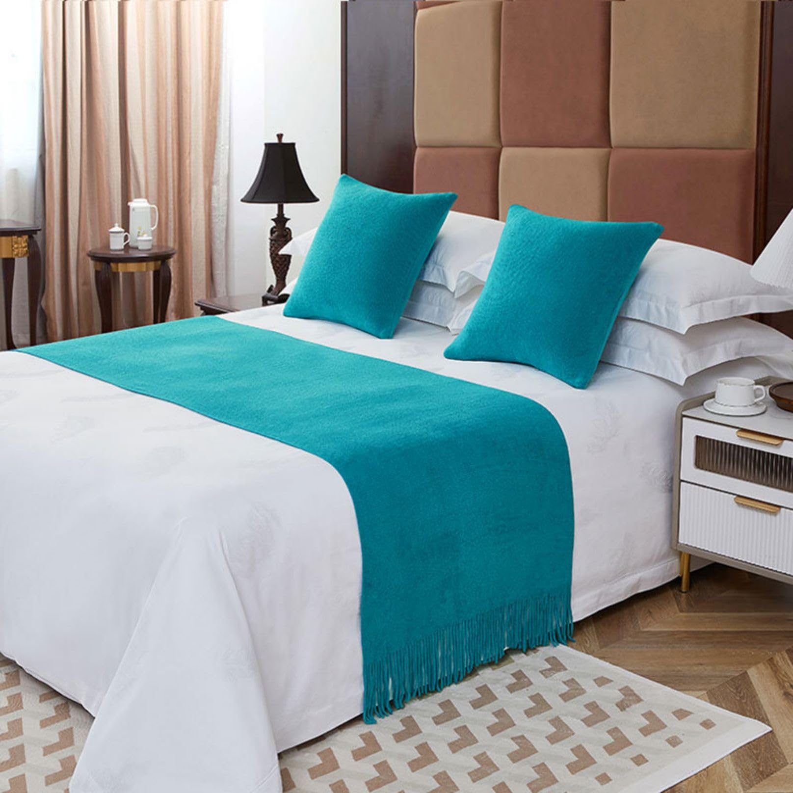 LEEMQCYA Bed Runners Tassels Blue Bed Scarf Hotel Bed Towel Bedspread Decoration Bedding Cover Protection for Single Double Super King Size Bed, 60X260cm