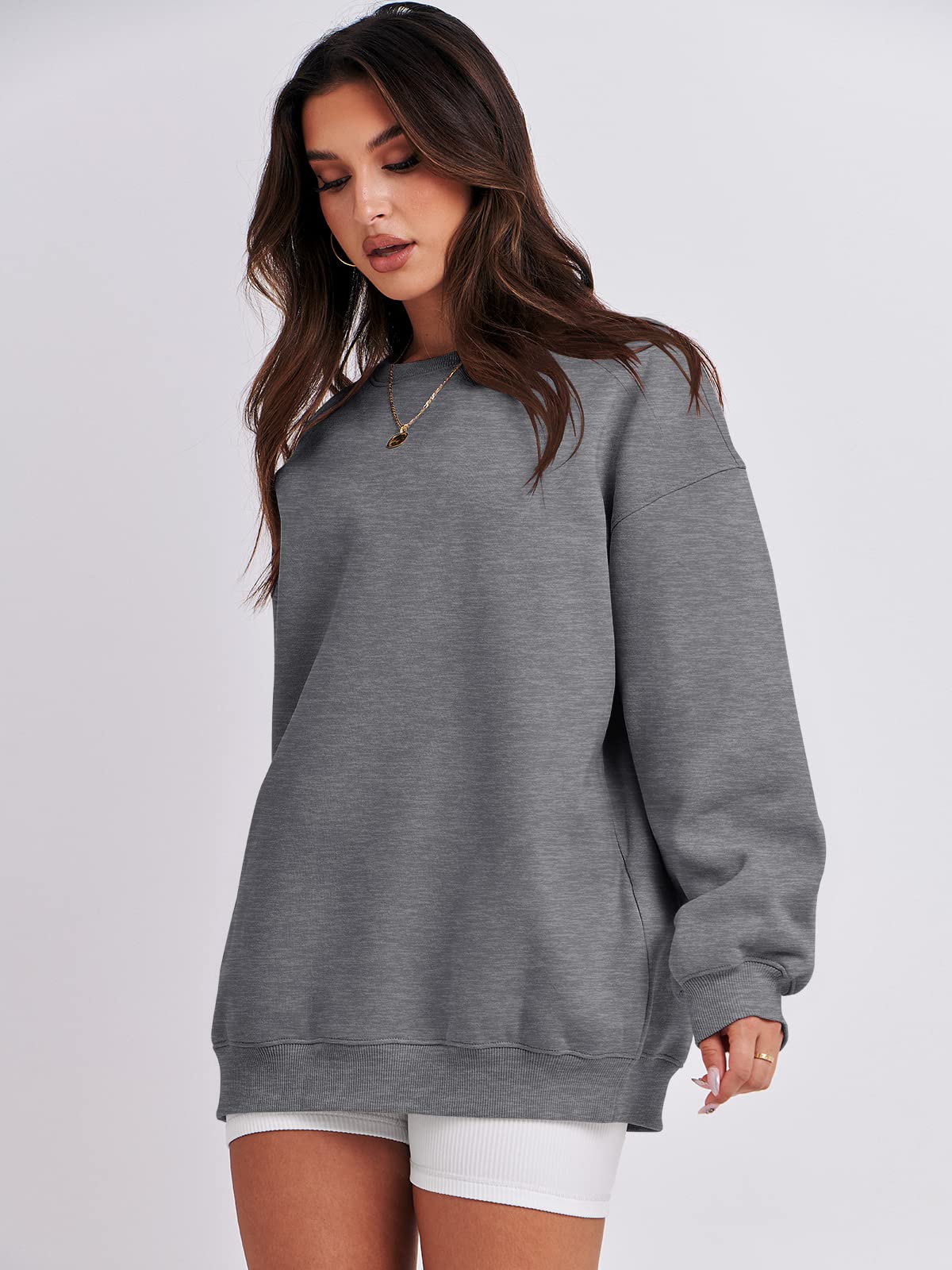 Damskie bluzy oversize bluzy z kapturem polar okrągły dekolt sweter top codzienne jesienne stroje preppy ubrania nastolatki 2024 A1019 światło, Jeden kolor, Gray_S