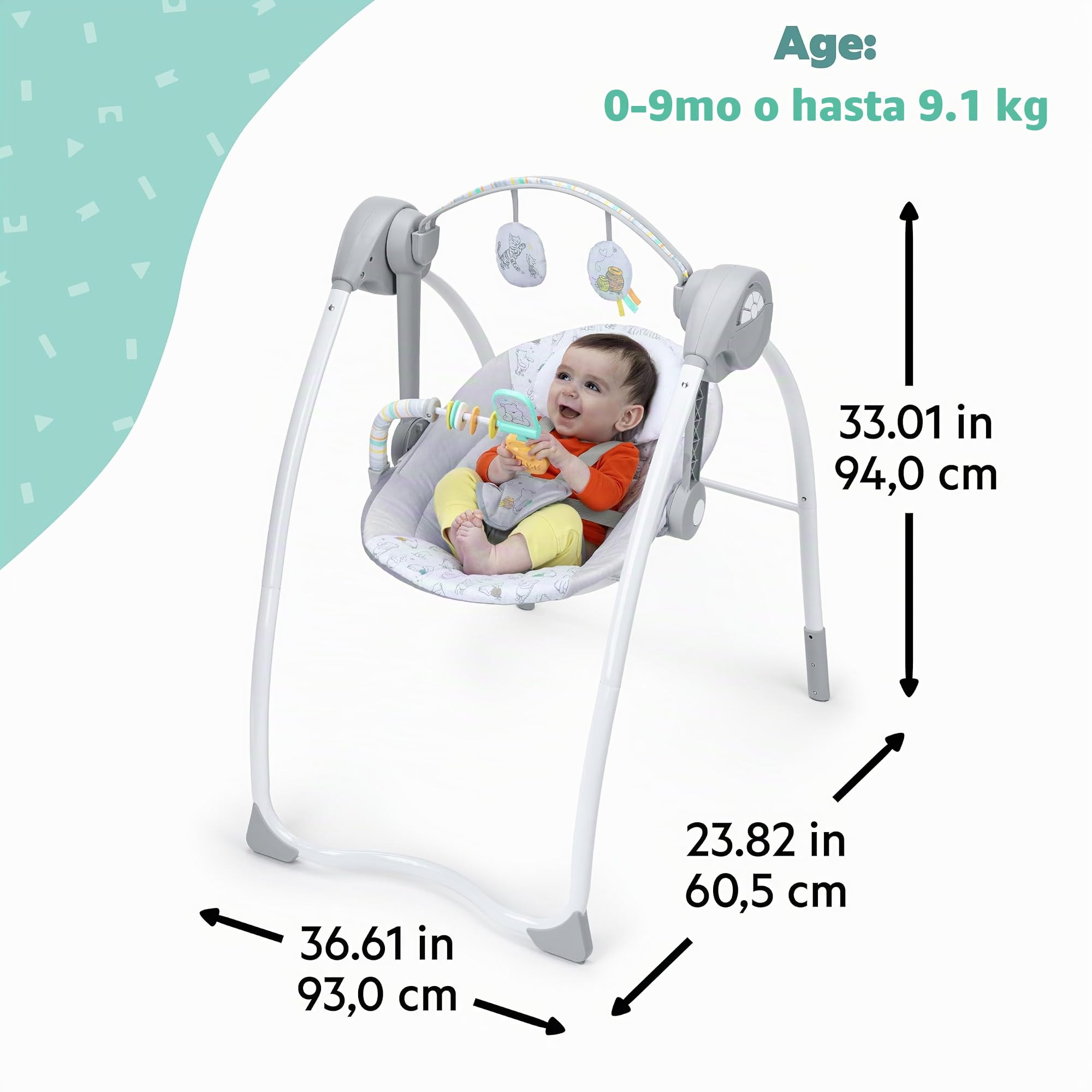 Disney Baby Columpio para Bebé Winnie the Pooh por Bright Starts, 6 Velocidades de Balanceo y Temporizador, Plegable, Barra de Juguetes Extraíble, Unisex, Recién Nacido - 9 kg