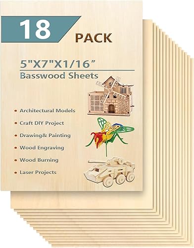 Paquete de 18 hojas de madera de tilo seleccionadas para manualidades, hojas de madera contrachapada de 0.059 in de grosor de 5 x 7 x 116 pulgadas,