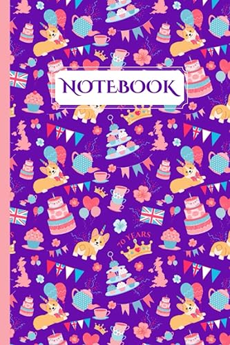 Queen's Platinum Jubilee 2022 Notebook Cute Royal Garden Tea Party Patterned Design With Corgi's, crown, union jack, bunting, cakes. Perfect as a