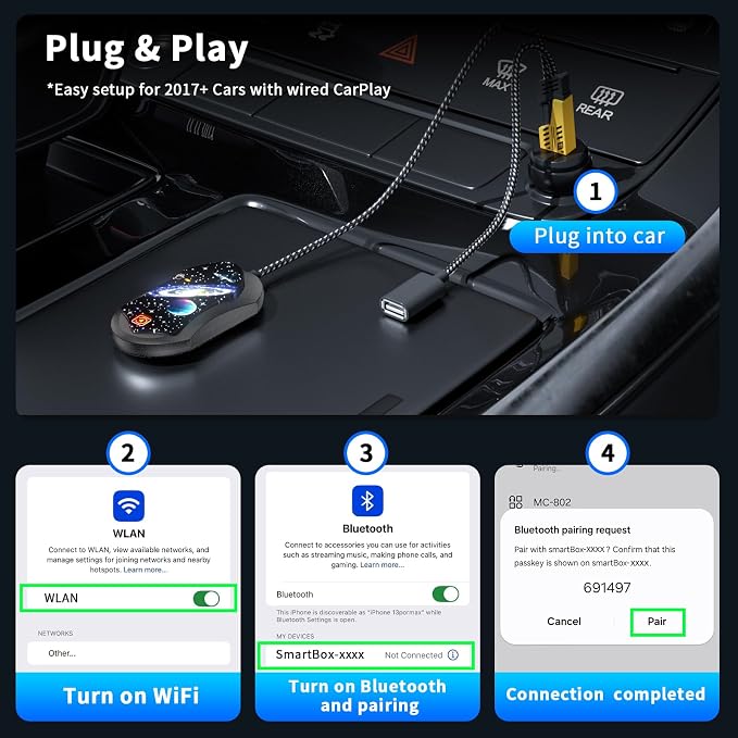 Adaptador Android Auto & CarPlay inalámbrico, plug and play miniatura 3