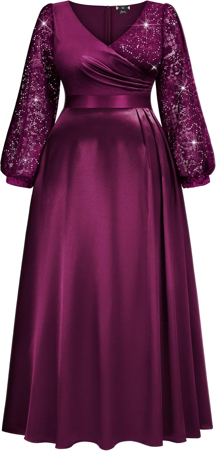 MISSMAY Women's Plus Size Sequins Lace Contrast Satin Wrap V-Neck Long Lantern Sleeve A-line Formal Maxi Dress - Image 5