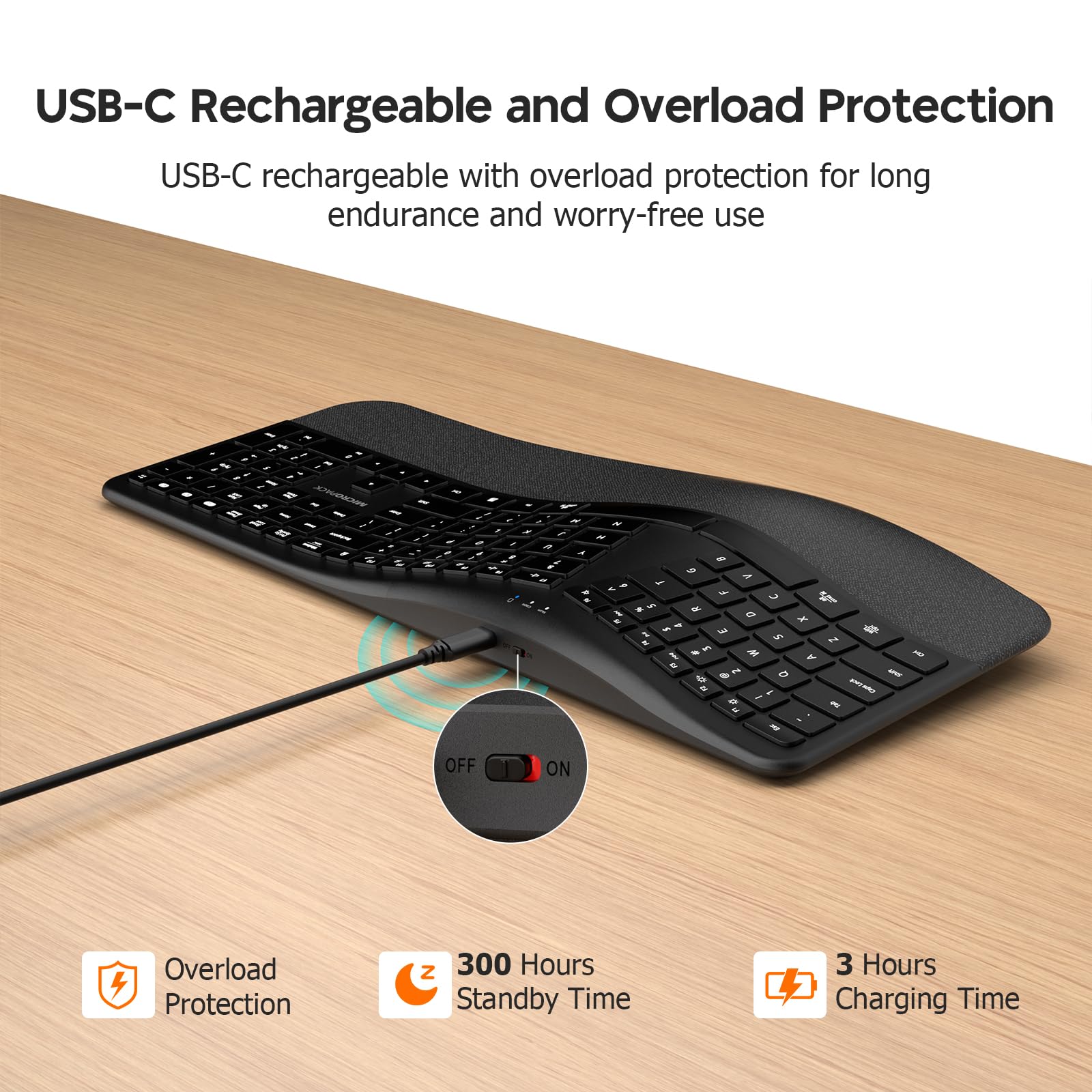 MicroPack Tastiera Ergonomica Wireless con Bluetooth, USB-C Ricaricabile e Protezione da Sovraccarico, Poggiapolsi, Connettività a 3 dispositivi, Interruttore a Forbice Silenzioso, Inclinazione
