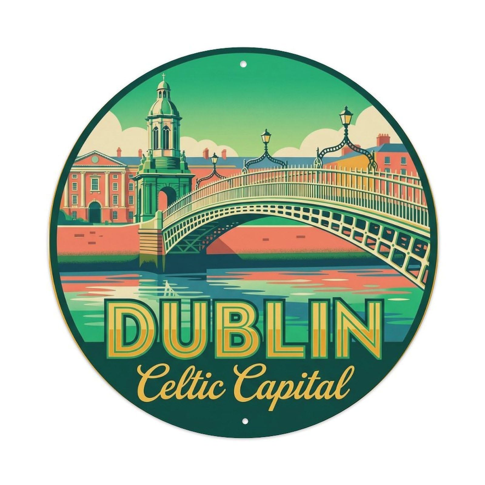 Vintage Travel Irish Capital Heritage Metal Tin Sign Plaque Wall Decor for Cafe, Club Bar, Office, Home Garden Round Metal Poster 8x8Inch