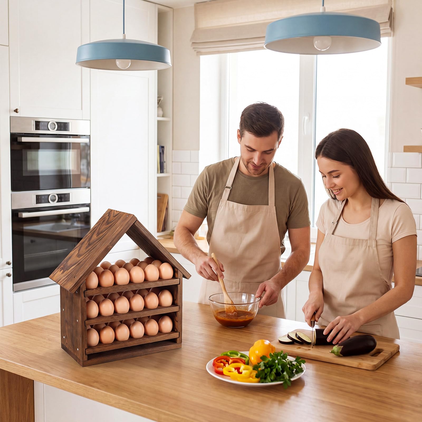 Remerry Soporte para huevos de madera para encimera, 3 niveles, forma de casa, almacenamiento de huevos frescos, cesta extraíble para el hogar, sala de manualidades, granja, cocina, mostrador