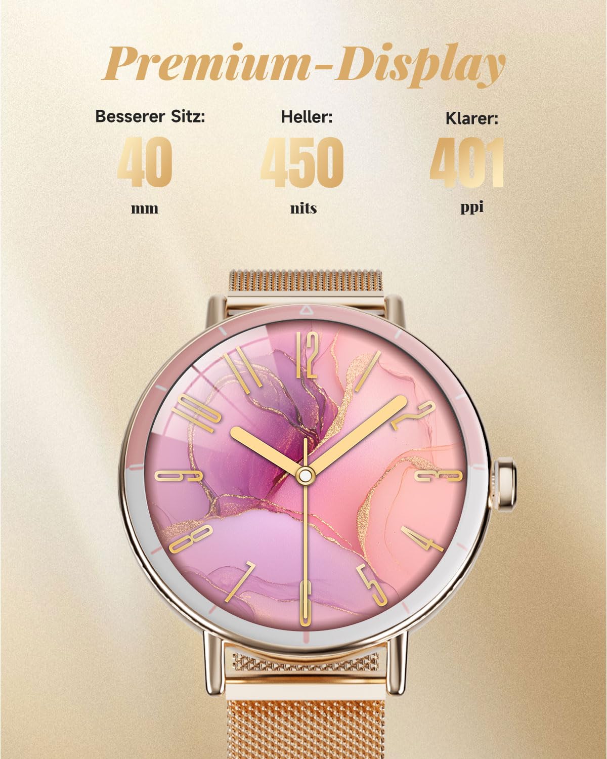 TOOBUR Smartwatch Damen, 40mm Schrittzähler Uhr Rund, Roségold | Fitness Sport Uhr mit Zwei Armbändern, Kompatibel mit Android und iOS, Anrufe Annehmen & Tätigen, IP68 Wasserdicht