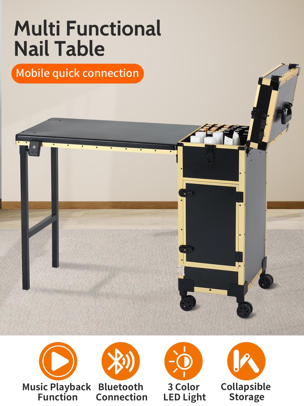 EBANKU Faltbarer Nageltisch, 360° rollender Maniküretisch, tragbarer Reise-Nagelschreibtisch, professioneller Kosmetik-Trolley, Nagelstation mit Schubladen/Spiegel/Bluetooth-Player, Schwarz / Gold