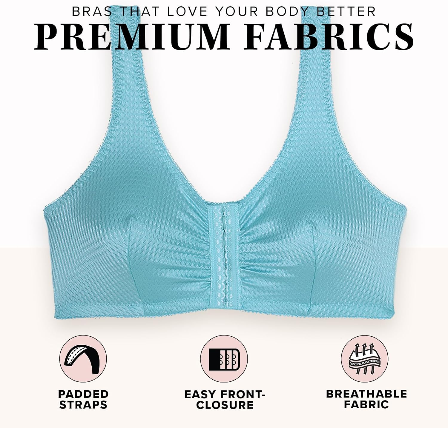 Leading Lady, Marlene, Front-Closure Bra for Women, Wireless, Full Coverage, Wide Straps, Breathable, Unlined, Silky, 36B-52G