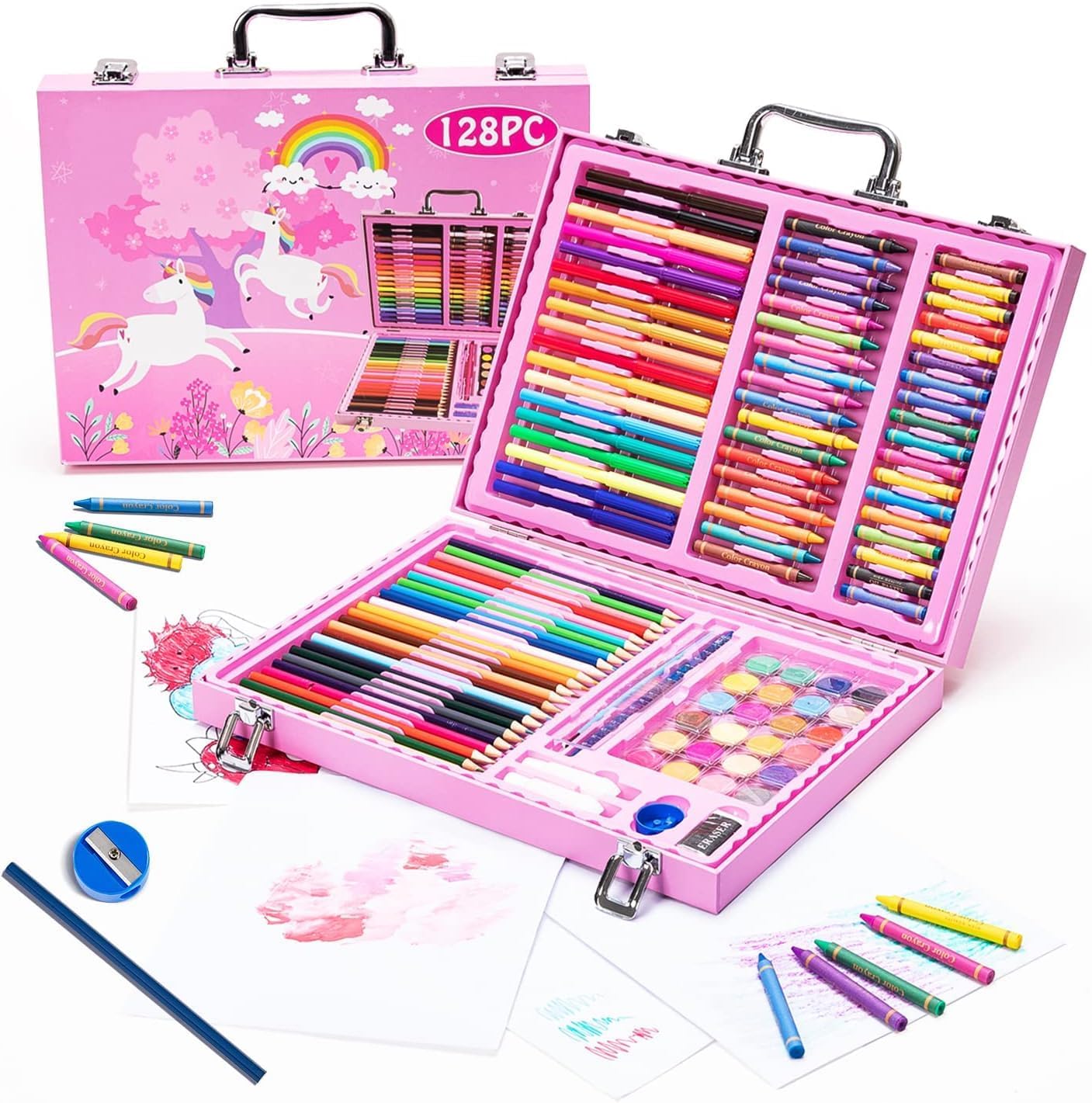 Bluebell 128 pieces Art Set, Portable Drawing Painting Art Supplies,Gifts for Kids Girls Boys Teens Coloring Art Kit Gift Case: Crayon, Oil Pastel, Colored Pencil, Watercolor, Paper (Pink)