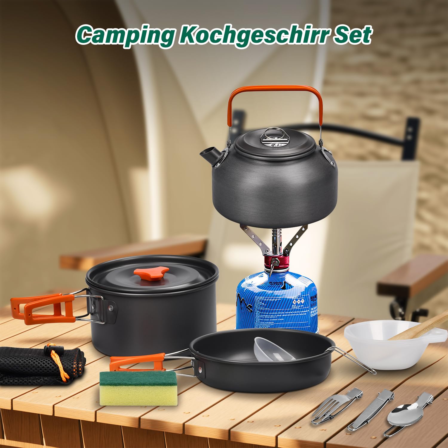 Onherm Juego de Utensilios de Cocina para Acampar, 13 Piezas de vajilla Plegable para Exteriores con Olla, sartén y teteras para Senderismo, Cocina al Aire Libre y Picnic para 1-4 Personas.