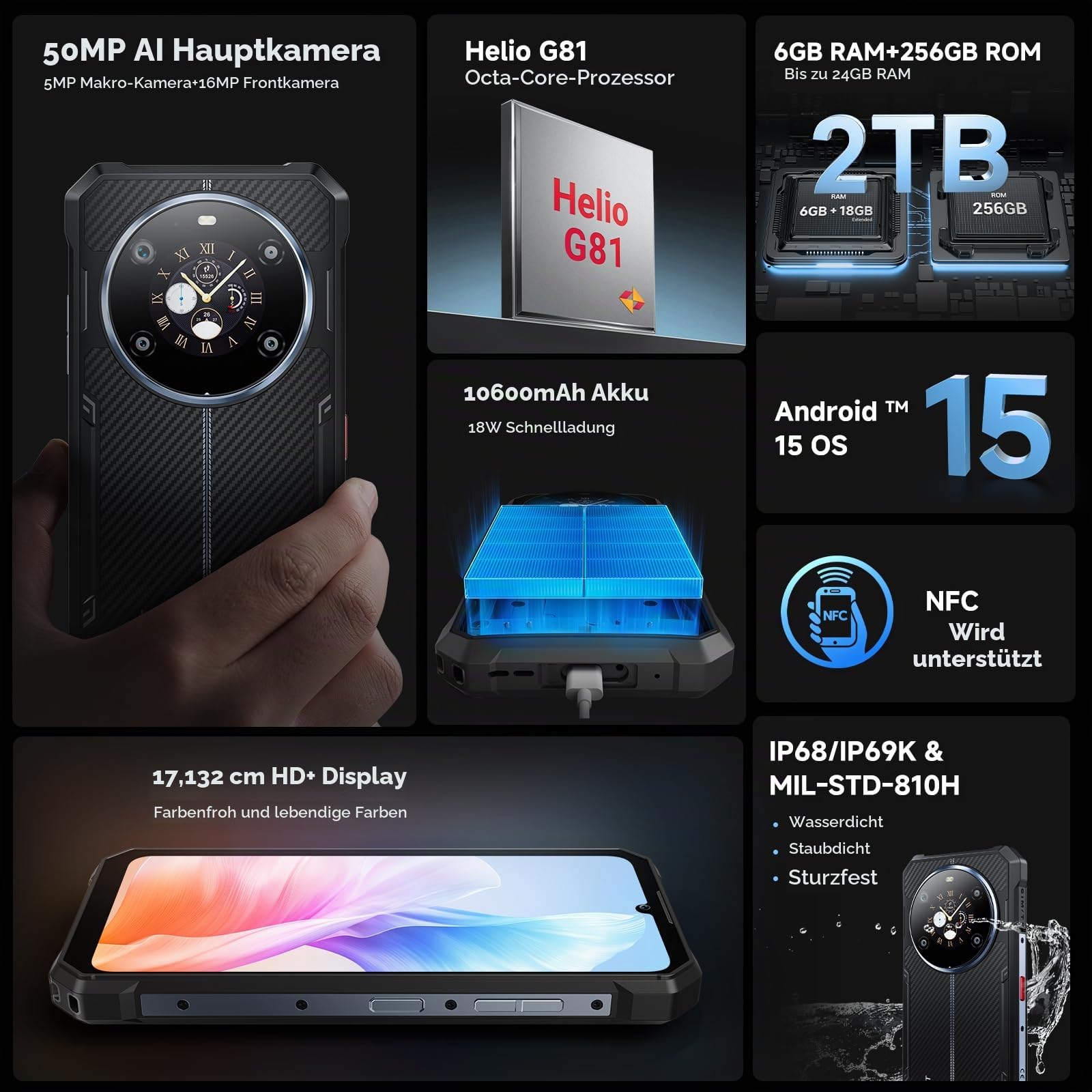 FOSSiBOT F109S Outdoor Smartphone Android 15, 24GB + 256GB/2TB Handy ohne Vertrag, 10600mAh Akku, 6,75" FHD+1.32 Dual Bildschirm, 50MP Kamera, IP68/IP69K, Dual SIM 4G/NFC/Face ID (Blau-256GB)