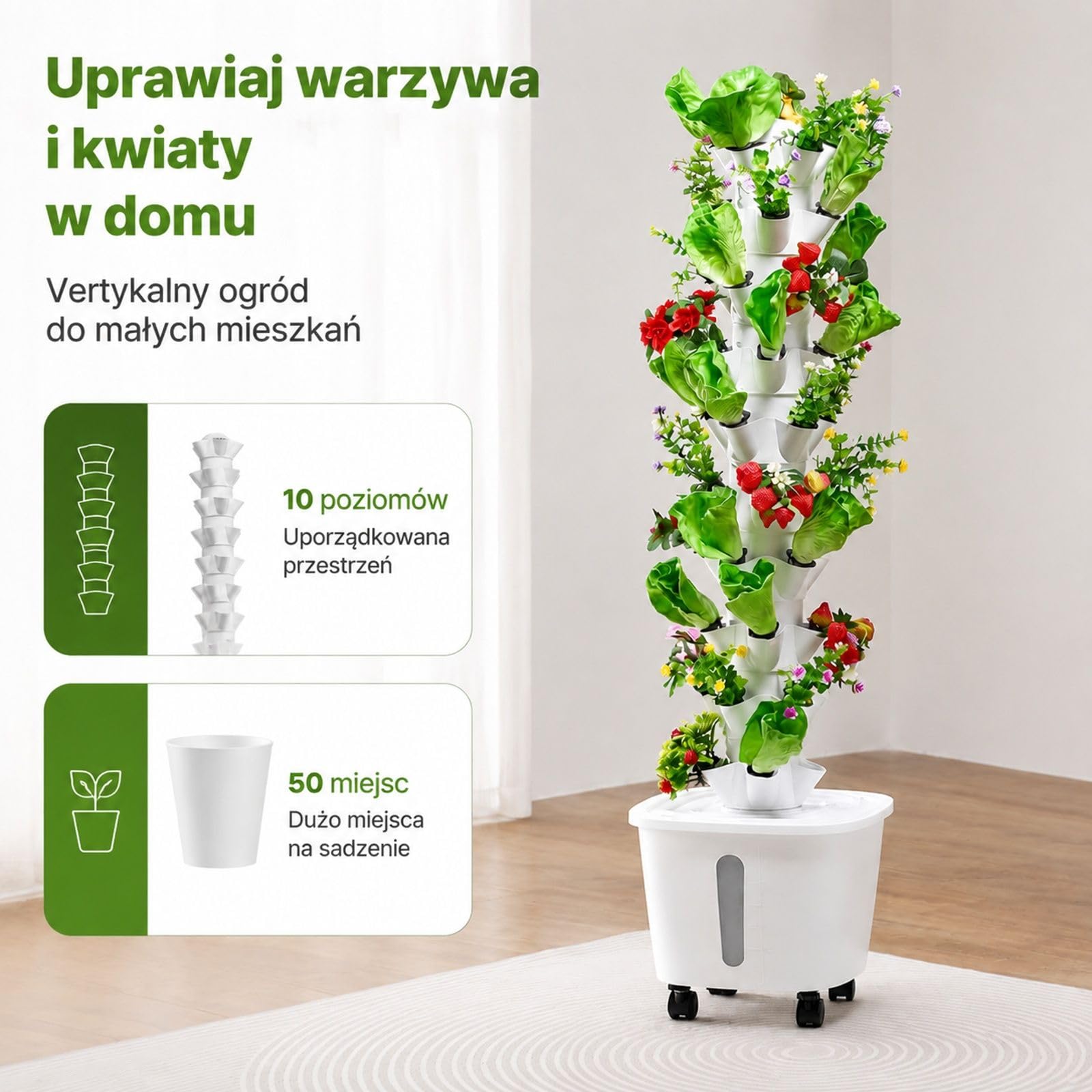Pionowy system hydroponiczny z 50 miejscami do sadzenia, 10 poziomami, zbiornikiem na wodę 20 l, pompą wodną i kółkami, do ziół, owoców i warzyw w pomieszczeniach