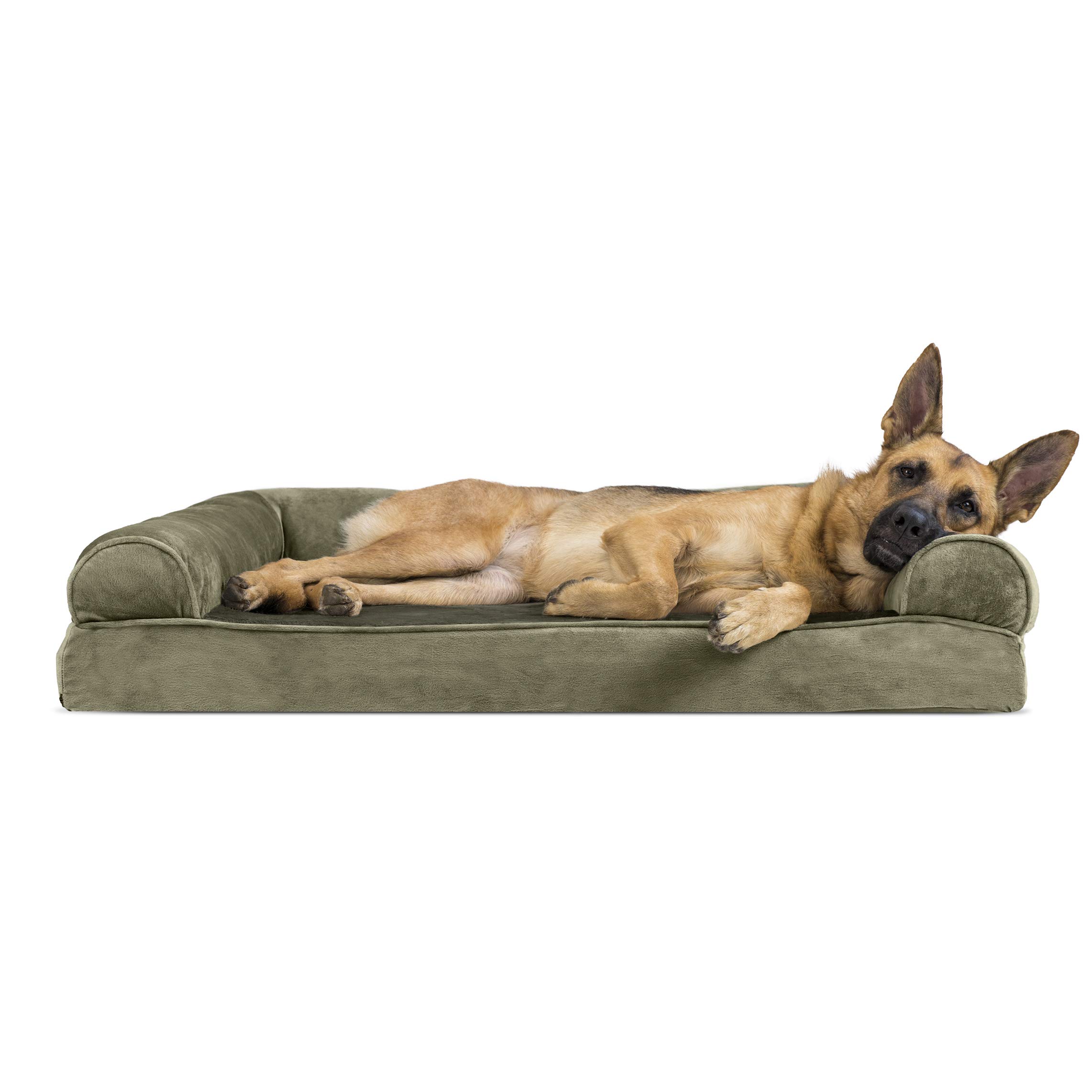 Furhaven XL Memory Foam Dog Bed Faux Fur & Velvet Sofa-Style w/ Removable Washable Cover - Dark Sage, Jumbo (X-Large)