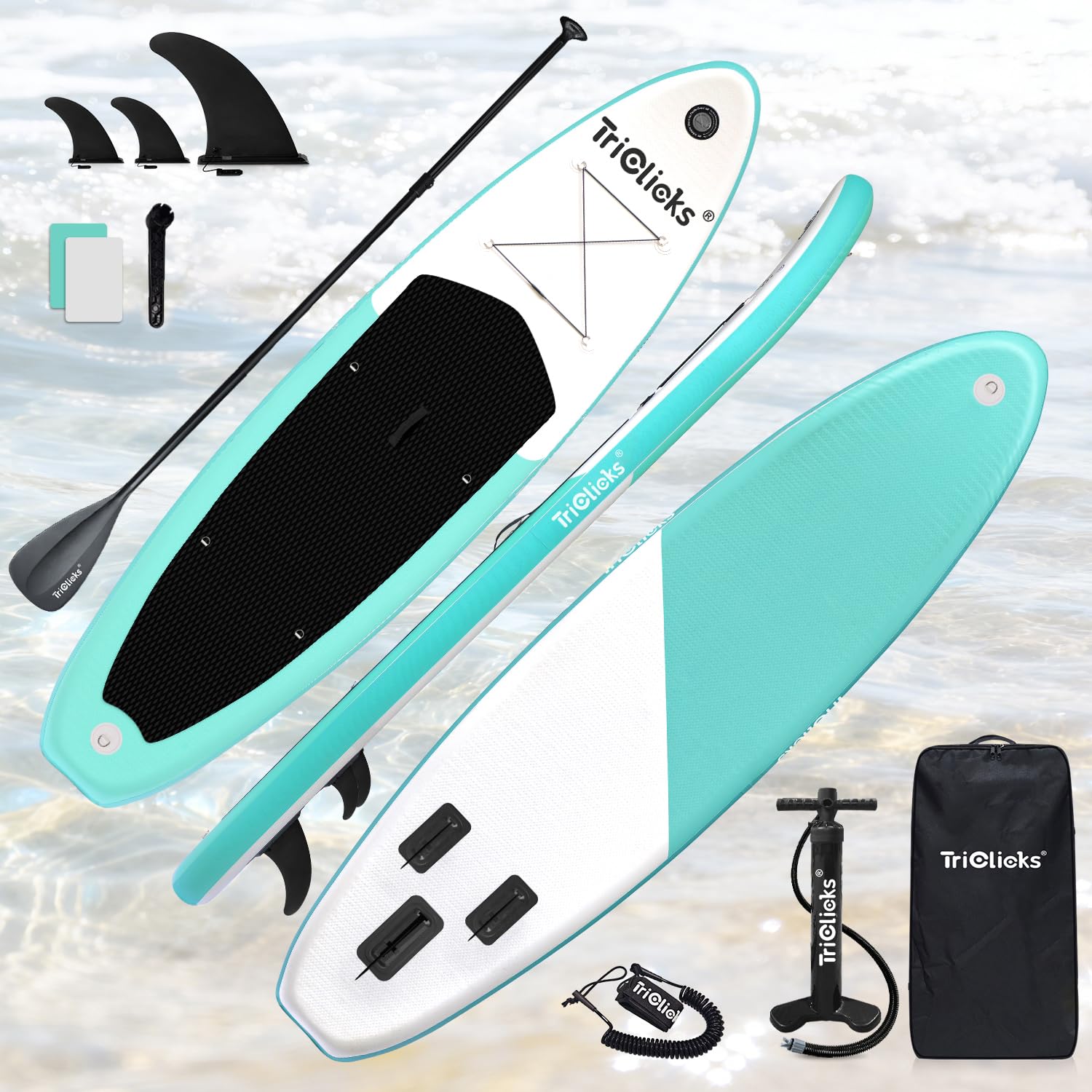 Triclicks 10.6ft/10ft Stand Up Paddle Boards Inflatable SUP Board Surfboard-Beginner's Kit, Adjustable Paddle, Air Pump With Pressure Guage, Fin, Repair Kit, Premium Leash, Rucksack (Style 01, 10.6ft)