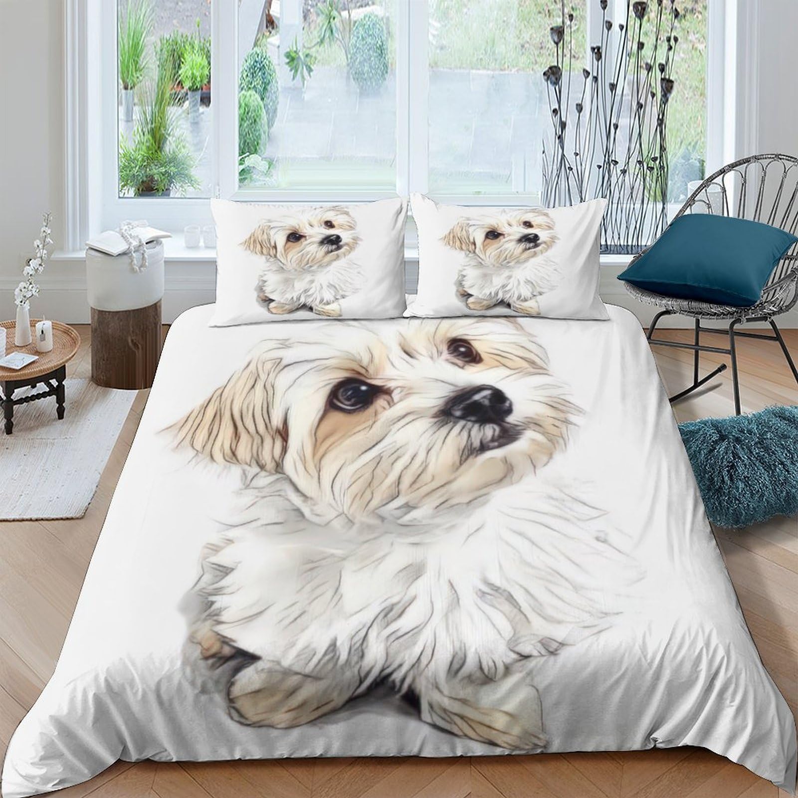 Ctjqhvkz Style-5 3D Printed White Puppy Fitted Sheet Microfiber Soft Anti-Slip Dog Illustration Bed Sheet For Bedroom Guest Room Decor Single（135X200cm）