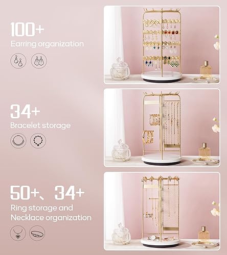 Miniatura 7 de Homde Soporte de joyería grande para tocador organizador de collar de aretes para mujeres modernas - Pulsera de reloj de metal Soporte giratorio que