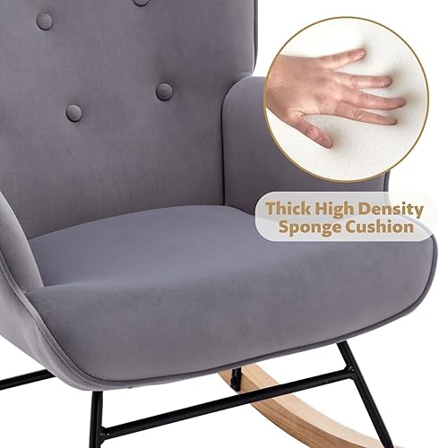 Miniatura 6 de Mecedora de terciopelo para habitación del bebé, silla mecedora para interiores con respaldo de ala, con base de madera maciza, cómoda silla