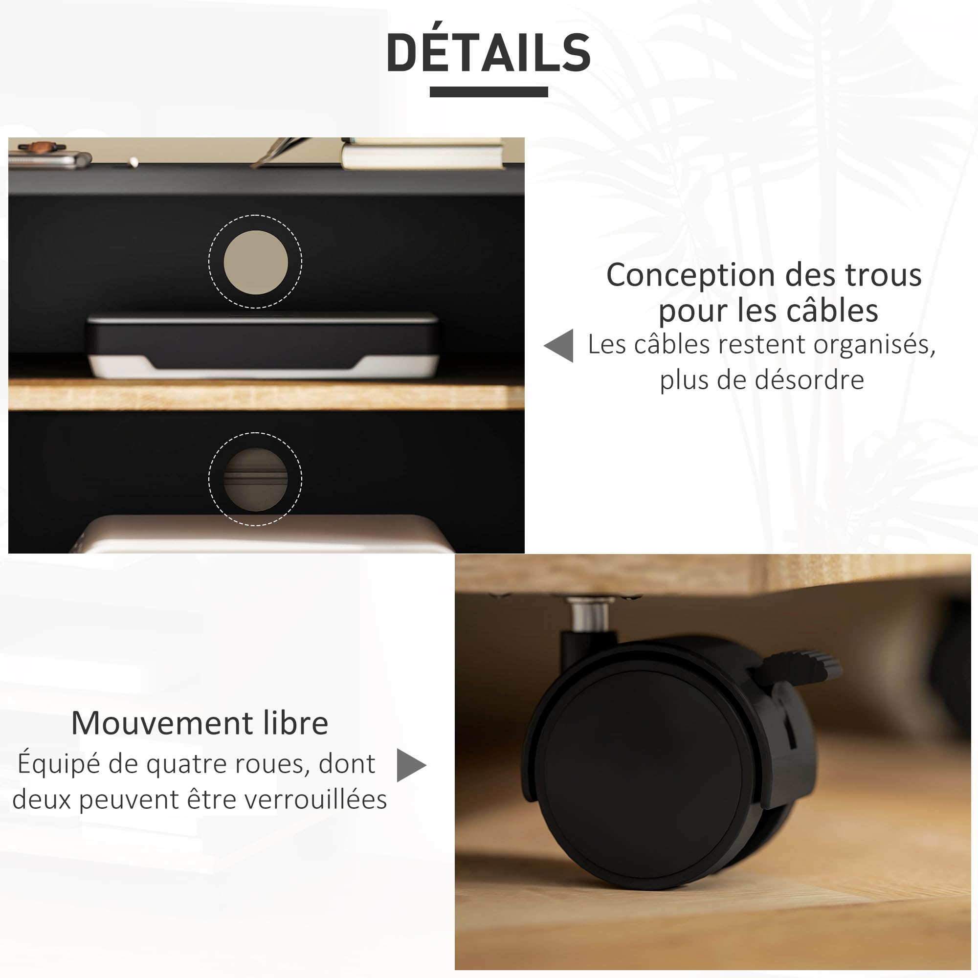 HOMCOM Meuble TV sur roulettes avec 2 Freins - 2 niches + Placard Porte 2 Passe-Fil - en Bois Noir chêne Clair