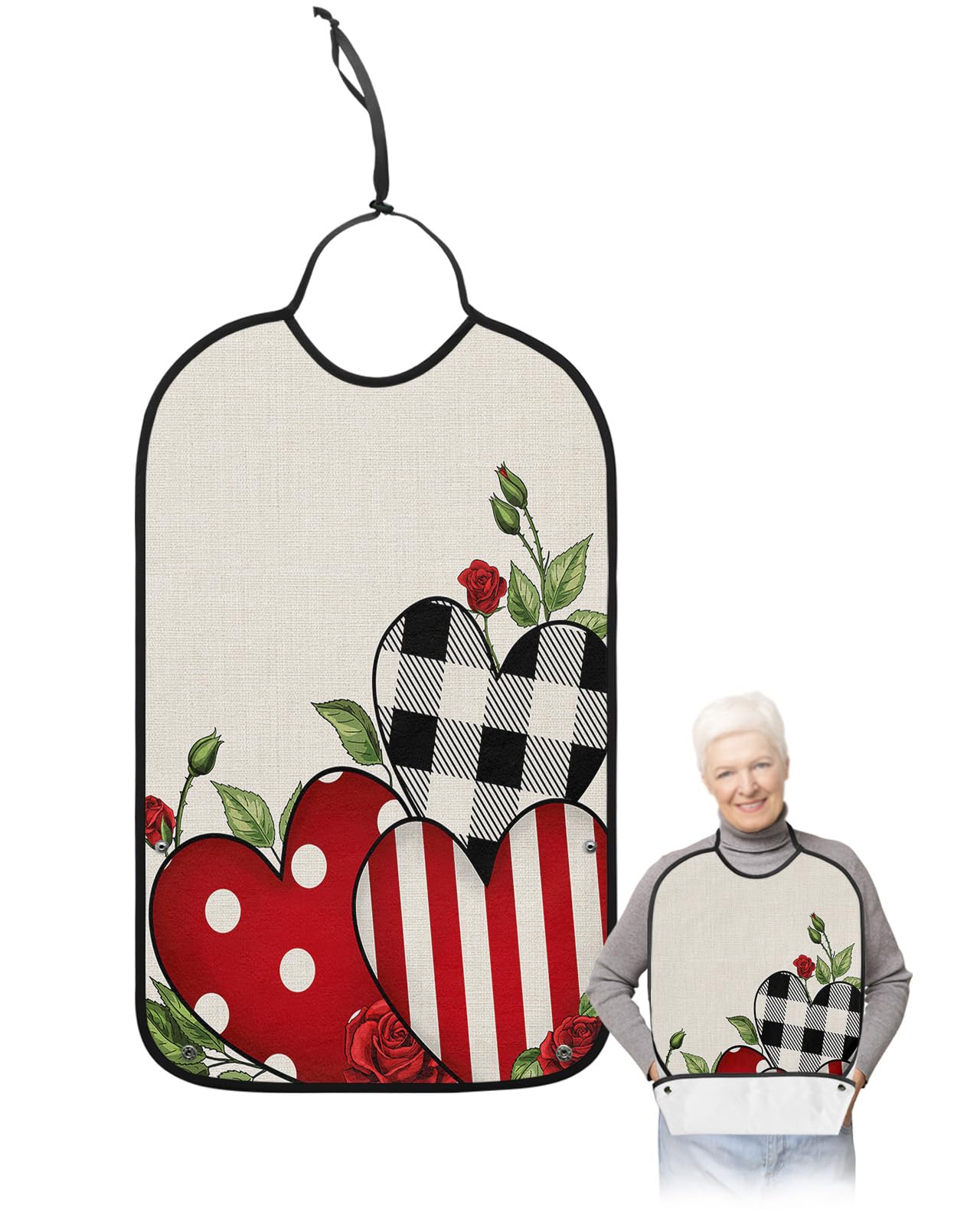 Love Rose Adult Bib for Eating with Crumb Catcher,Washable & Waterproof Terry Cloth Adjustable Elderly Women Men Adult Bibs Funny Clothing Protector Valentine's Day Boho Eucalyptus Vintage Plaid Dots