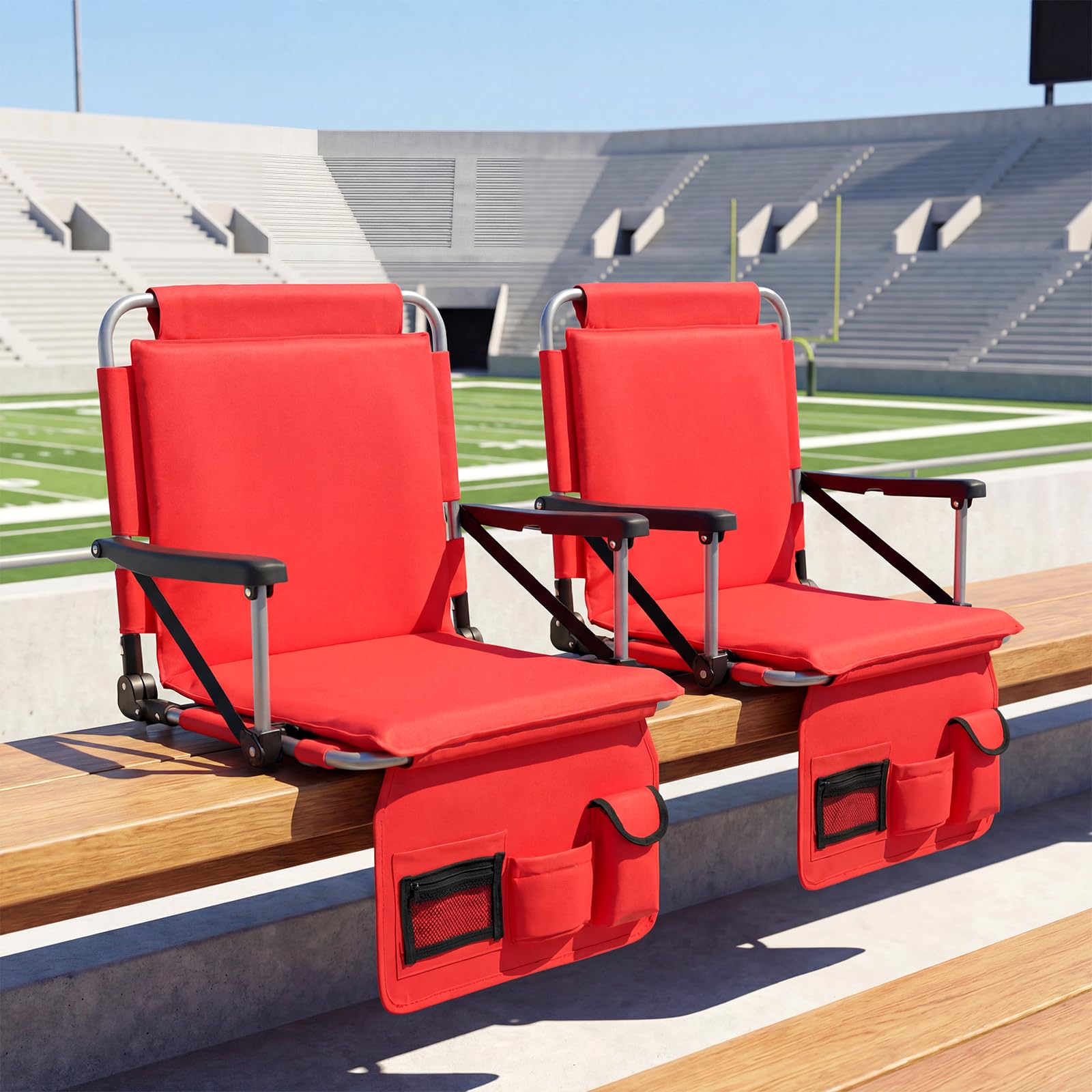 COSTWAY Siège de Stade Pliable, Chaise de Gradin Rembourrée avec Soutien Dorsal, Bandoulière, Poche Filet, Porte-Gobelet&Sac de Rangement, Chaise de Sol pour Yacht Match Sportif, Charge 102KG (Rouge)