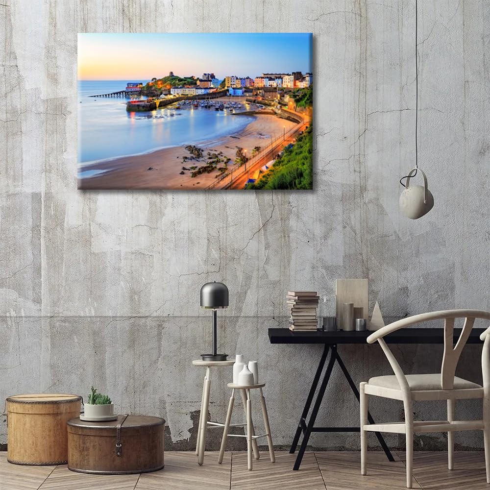 Bathroom Decor Wall Art Sunrise Wall Paintings 1 Piece Tenby Harbour Pembrokeshire Wales UK Wall Decoration for Living Room Decor Wall Pictures Stretched and Framed Ready to Hang (16''Wx 24''H) - Image 4