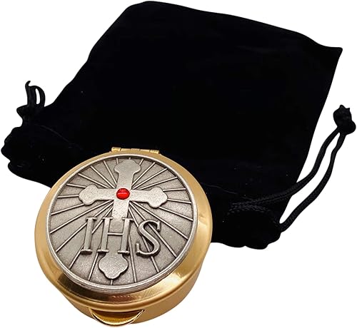 PYX con cruz IHS y piedra roja 1 1/2 x 1/2 pulgadas