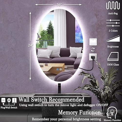 Miniatura 10 de TiliKuly Espejo de tocador ovalado iluminado de 25 x 38 pulgadas con luces sin marco, espejo retroiluminado ovalado para pared de baño, espejo LED